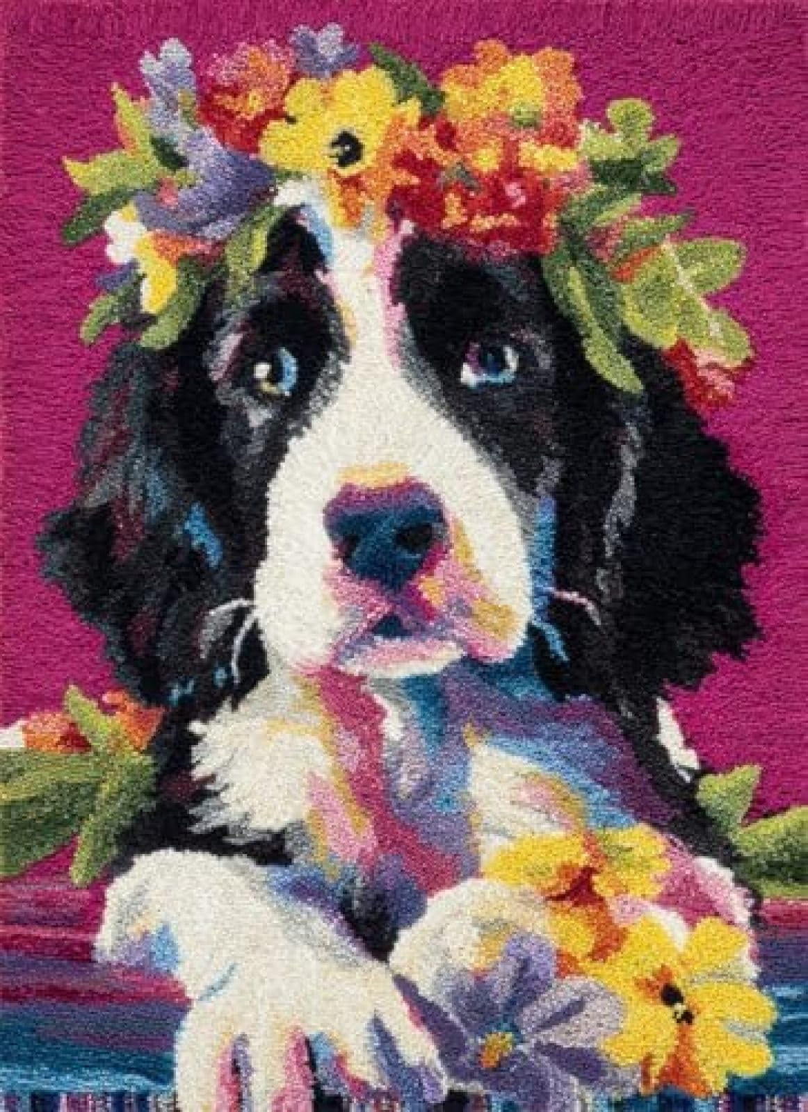 XDEGHUANGSS Latch Hook Rug Kit English Springer Spaniel Puppy Wear Flower Wreath with Pre-Printed Mat Cover DIY Cushion Crochet Yarn Hooking Craft Set for Floor Decor 38x52cm-3