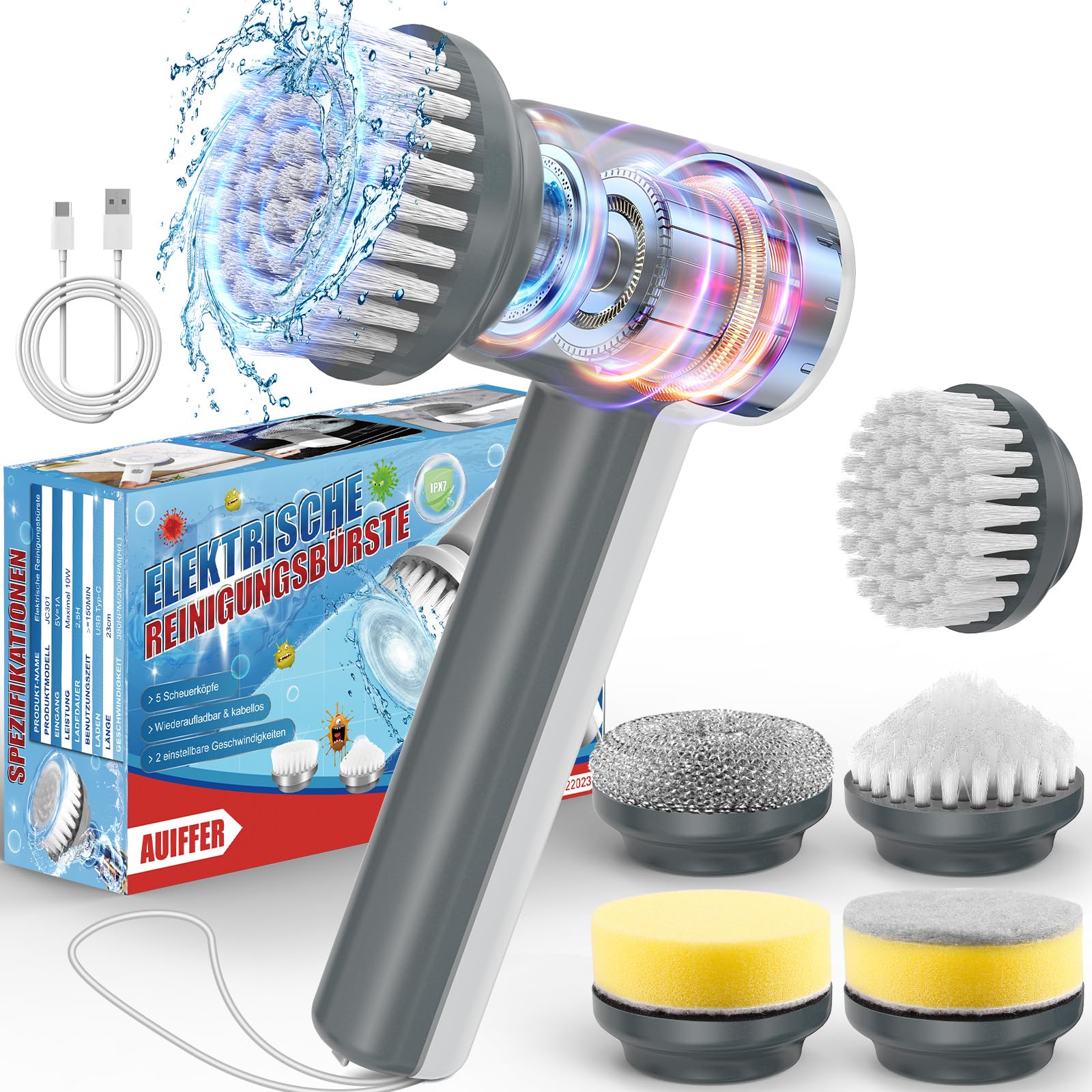 Brosse de Nettoyage Électrique de Bain, Brosse de Nettoyage sans Fil avec 5 Têtes Interchangeables, Recharge USB-C, Idéale pour Carrelage, Baignoire, Joints et Cuisine