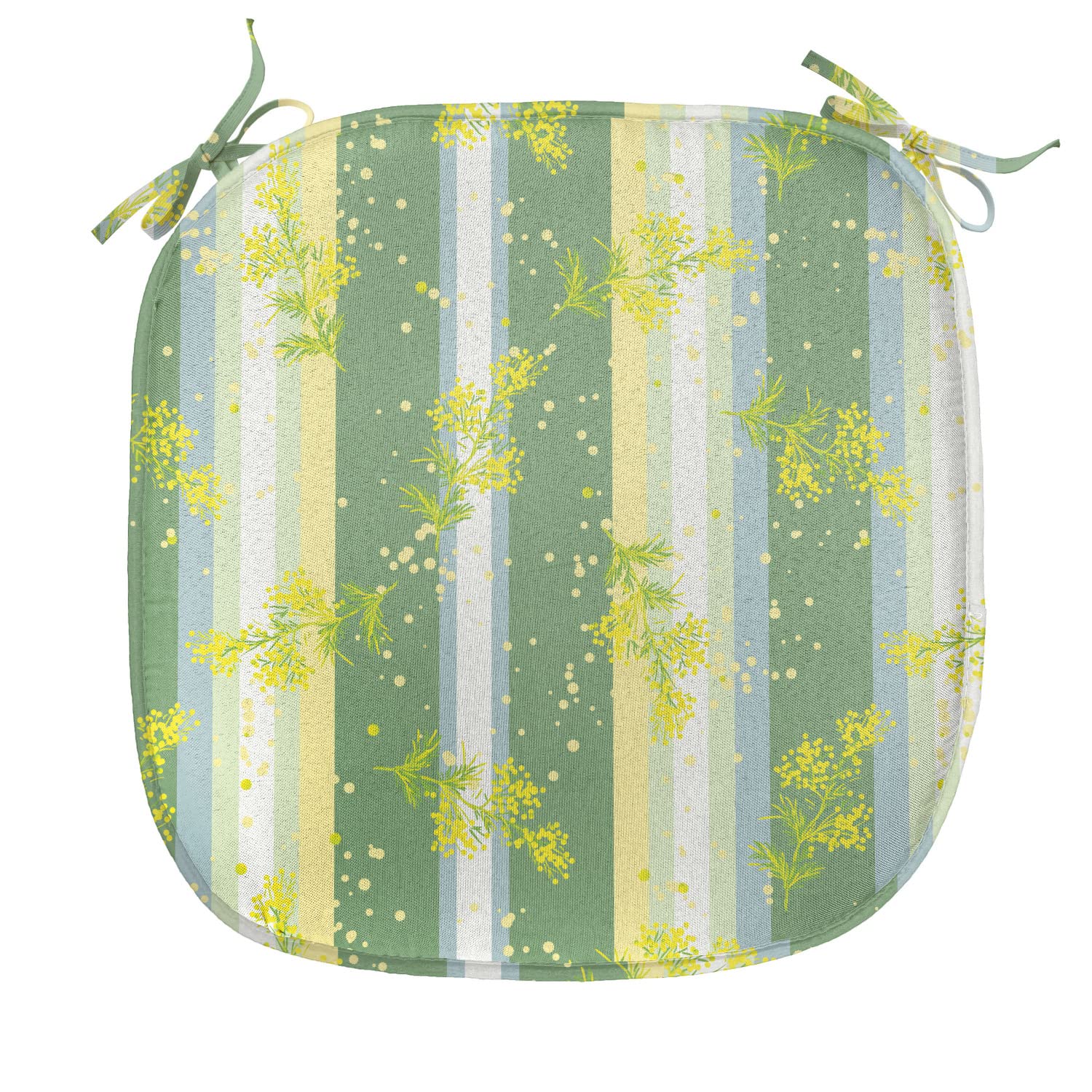 Ambesonne Striped Chair Seating Cushion, Mimosa Spring Flower Leaves on Striped Back March Blossoms Feminine Design Art, Anti-slip Seat Padding for Kitchen & Patio, 16