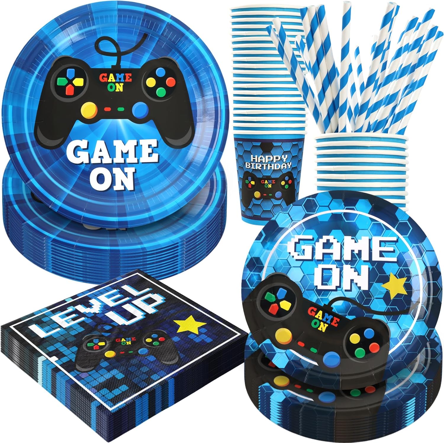 Video Game Birthday Party Decorations, 120Pcs Gaming Party Supplies Disposable and Engaging Tableware Includes Paper Plates, Napkins, Cups and Straws | Serves 24