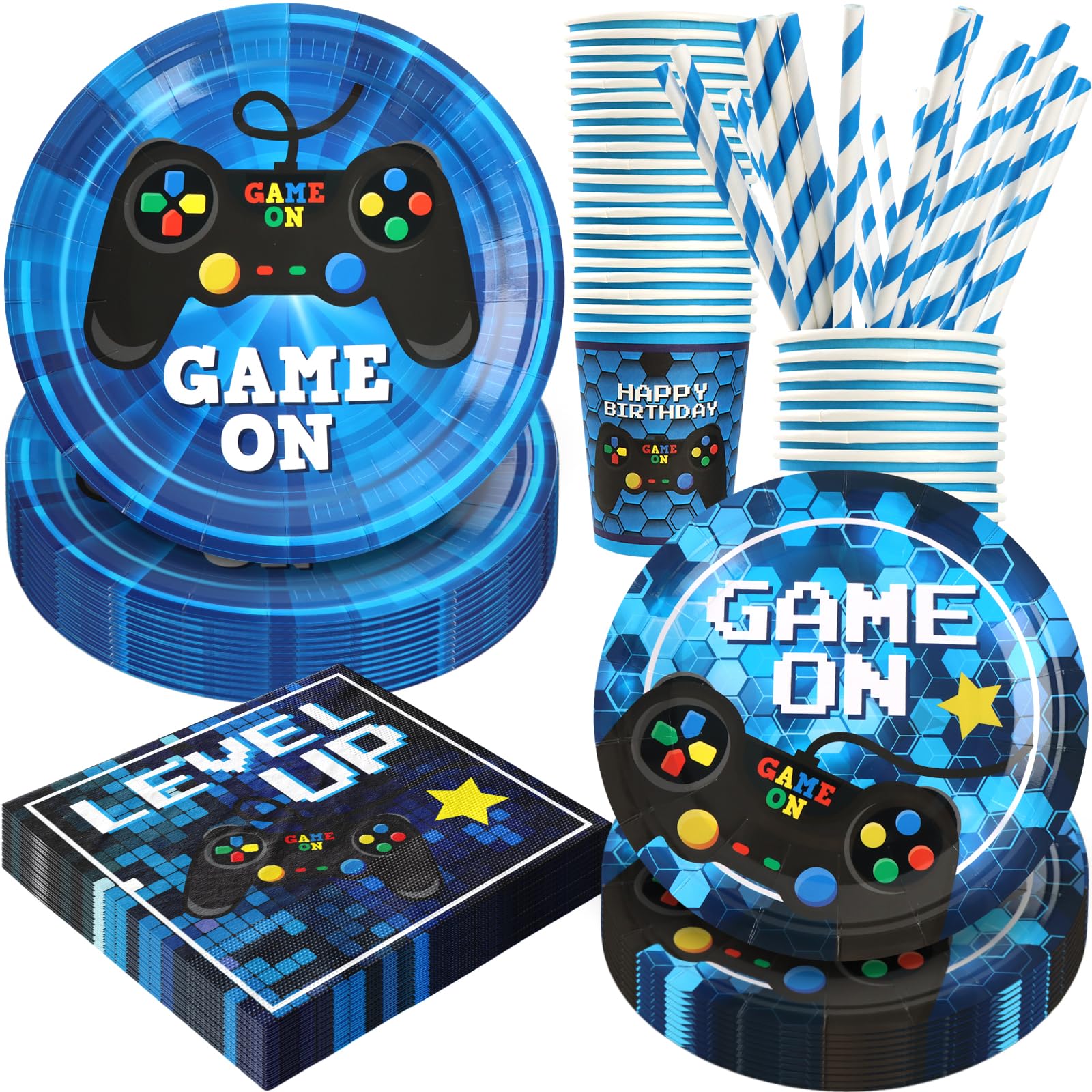 Video Game Birthday Party Decorations, 120Pcs Gaming Party Supplies Disposable and Engaging Tableware Includes Paper Plates, Napkins, Cups and Straws