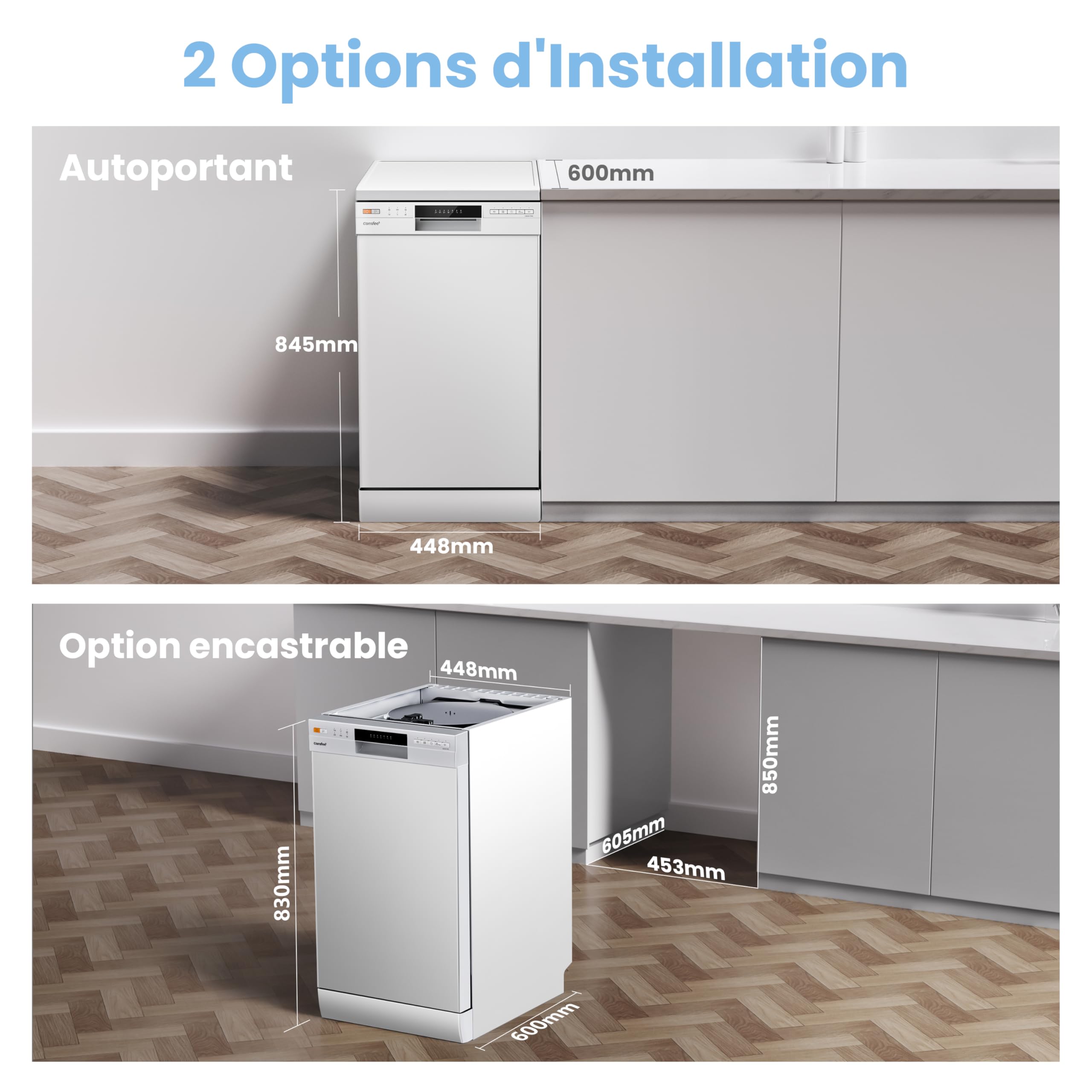 COMFEE' CDWEF1034BW Lave-vaisselle indépendant 10 couverts démarrage différé fonction demi-charge paniers flexibles Blanc