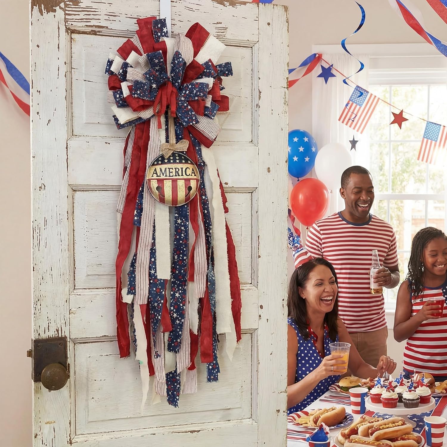 Dingion Patriotic wreath bow 4th of July Swag Wreath with Rustic Bell Red White Blue Star Stripes Tassel Wreaths 4th of July Decorations for Front Door 250 Anniversary Veterans Day Indoor Outdoor Home
