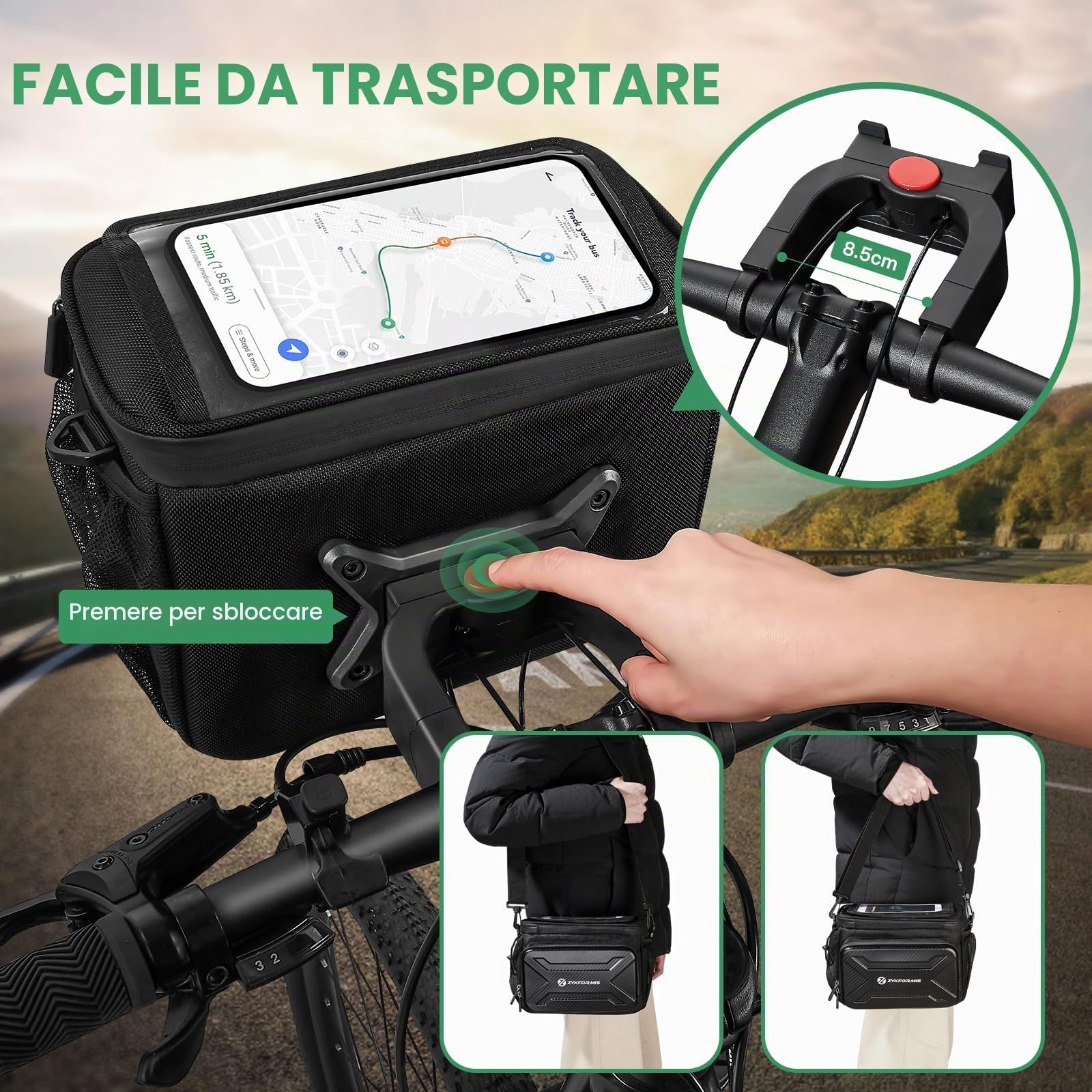 Borsa da Manubrio Bici con Adattatore per Bicicletta e Bici Elettrica, 6L impermeabile Cestino Bicicletta Anteriore con Touchscreen e Supporto Telefono, Borsa Telaio Bici con spallina