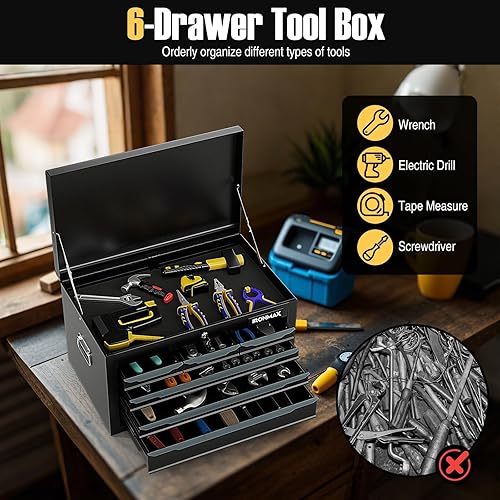 Miniatura 3 de ERGOMASTER Caja de Herramientas de Acero, Caja de Herramientas de Metal de 24'' con 6 Cajones, Gabinete Cofre de Herramientas de Almacenamiento