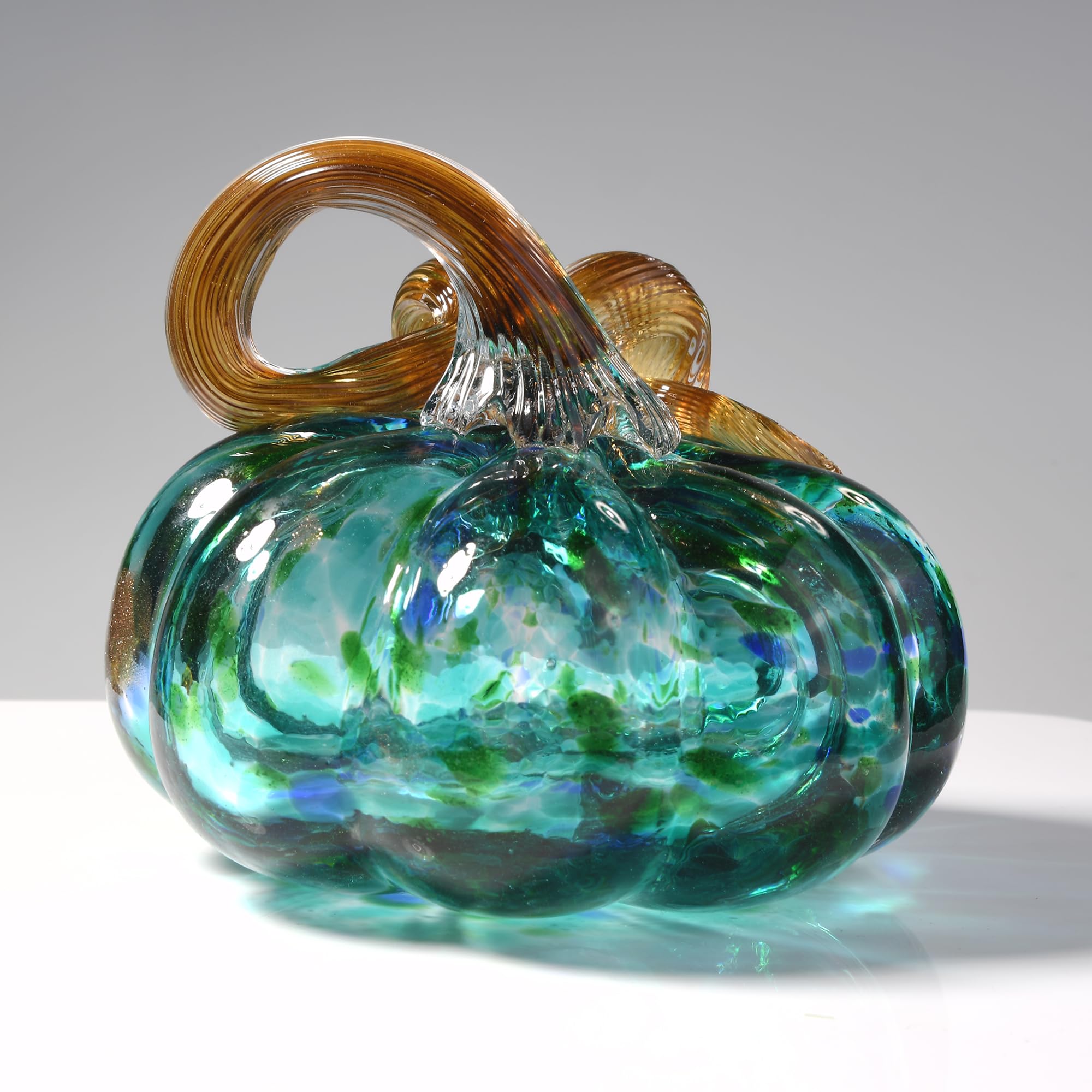 QIANCHANG Hand Blown Glass Pumpkin Figurines Collectibles, 3.15" Turquoise Blue Crystal Pumpkin Decorations for Fall Harvest Halloween Thanksgiving