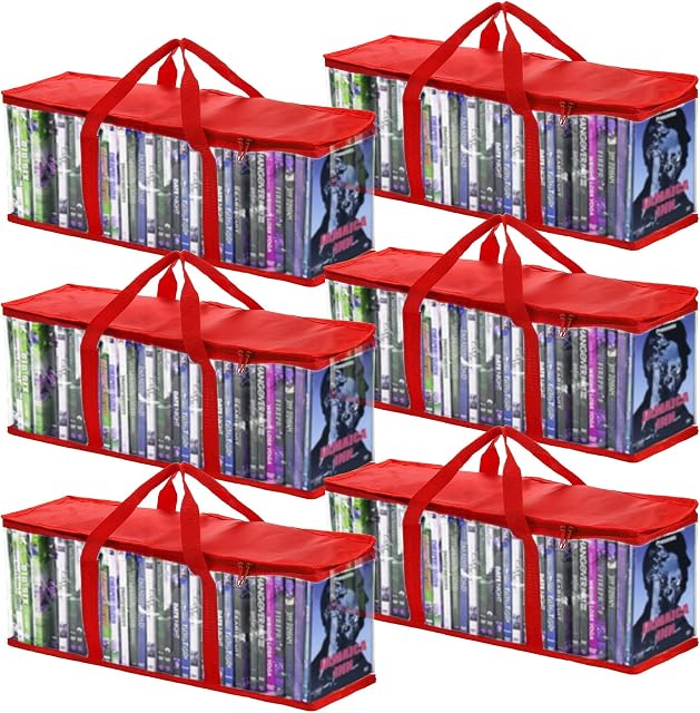 Fasmov paquet de 6 DVD Sacs de rangement Tenez jusqu'à 240 DVD (40 Chaque sac), imperméable DVD Boîtier de support avec poignées, transparent PVC Stockage multimédia pour DVD, CD, Jeux vidéo, Livres, Rouge