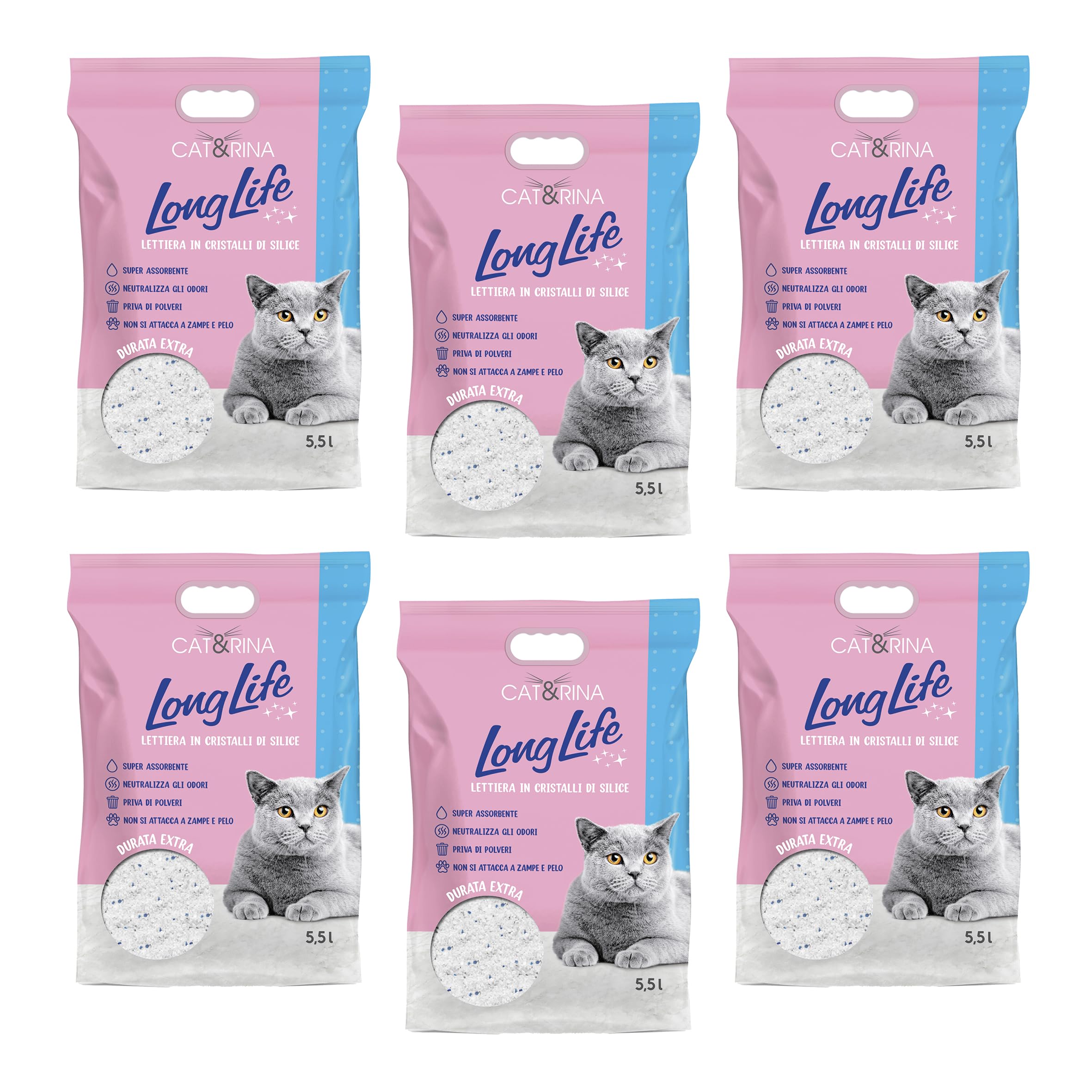 Cat&Rina Long Life Katzenstreu mit Silikonkristallen, sehr saugfähig, 5,5 l, staubfrei, bis zu 30 Tage Nutzung, geruchshemmendes Katzenstreu, 6 Stück