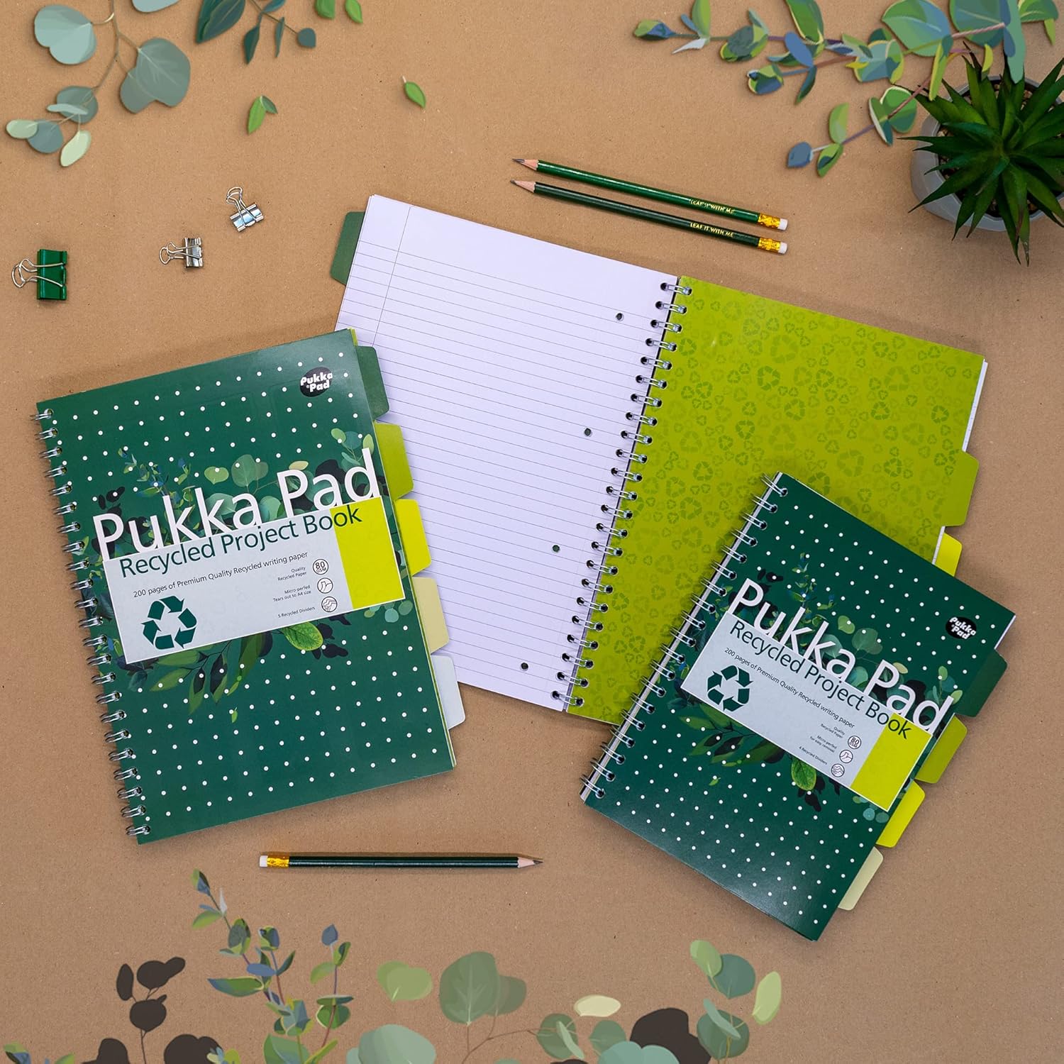 Pukka Pad, Recycled 6-Subject Double Spiral Bound A4 Project Book with 5 Dividers - 80GSM FSC Paper with Micro-Perforated and 4-Hole Punched Margins – Recyclable - Pack of 3
