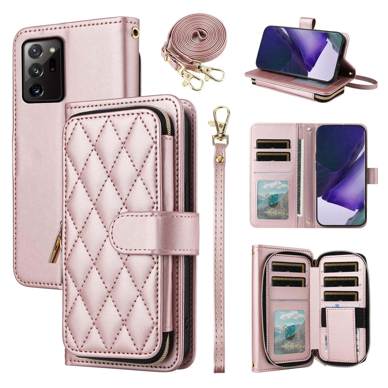 Furiet Wallet Case for Samsung Galaxy Note 20 Ultra 5G with Wrist Strap, 9+ Card Slots Zipper Purse, PU Leather Stand Phone Cover for Note20 Plus