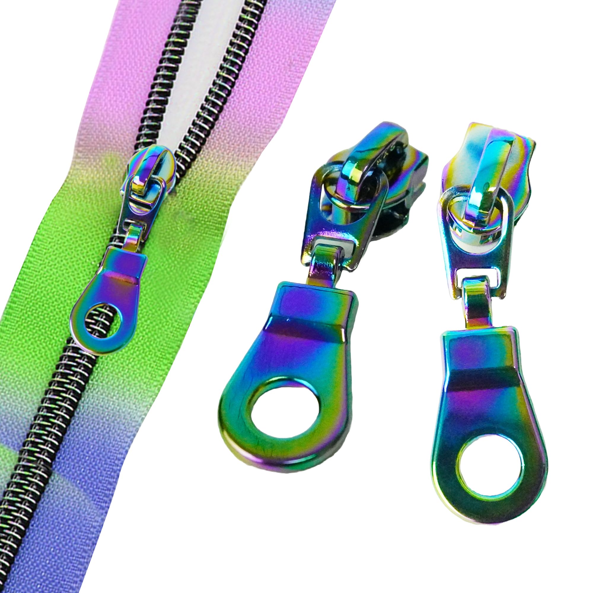 WedDecor Rollo de cremallera blanco de 10 metros con 25 tiradores de cremallera en forma de dona, tiradores de cremallera metálicos de arco iris, deslizadores de repuesto, perfectos para bolsos,