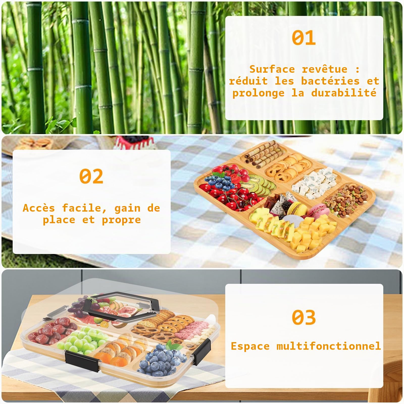 6 Compartiments Plateau à Fromage en Bois, 35,7×28,1×2,3cm Planche à Charcuterie avec Couvercle et Fermetures, Planche Charcuterie Plateau de Service pour Fruits, Collations, Desserts, Légumes