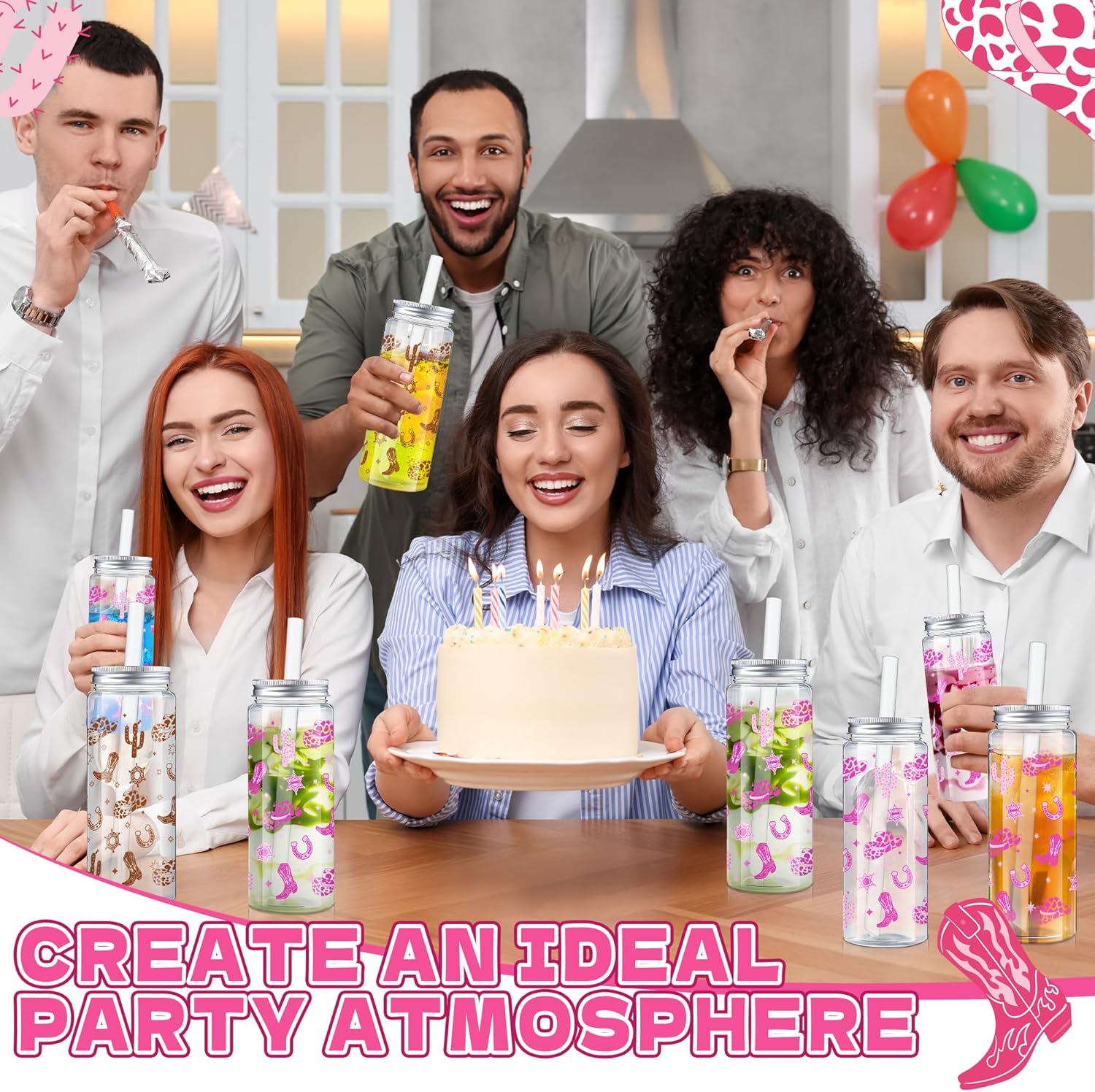 24 Pcs Western Cowgirl Cowboy Plastic Tumbler 14.2 OZ Pink and Brown Reusable Cups with Lids and Straws Beer Can Iced Coffee Cup for Preppy Western Disco Cowgirl Birthday Party Gift - Image 7