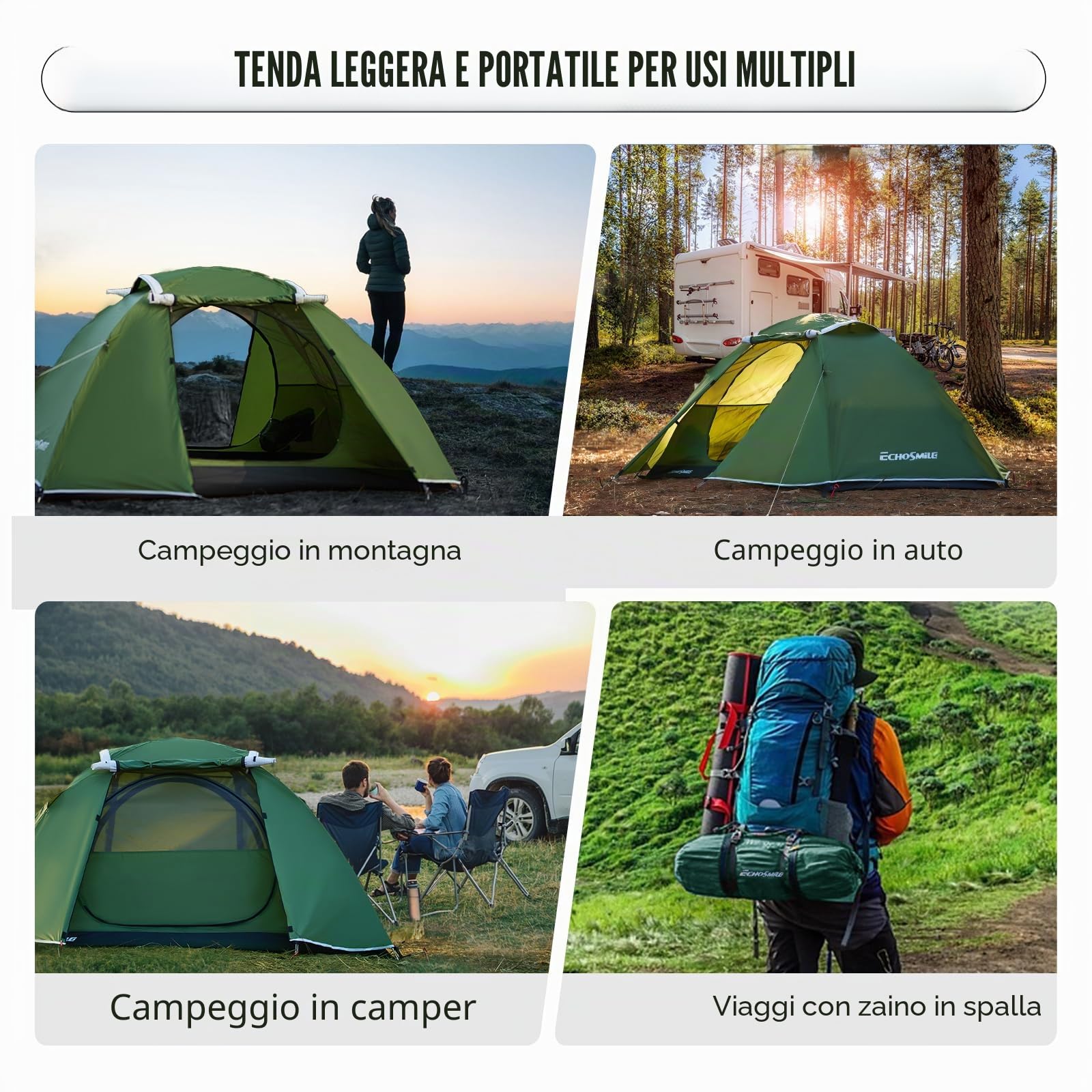 EchoSmile Tenda da Campeggio 2-3 Persone, Impermeabile & Antivento, Tende igloo a Doppia Porta per Escursionismo, Alpinismo & Attività All'aperto
