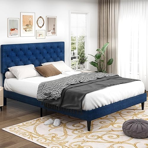 Miniatura 10 de Base de cama de tamaño matrimonial con cabecero, cama de plataforma tapizada con cabecera capitonada con botones ajustables, marco de cama de tela