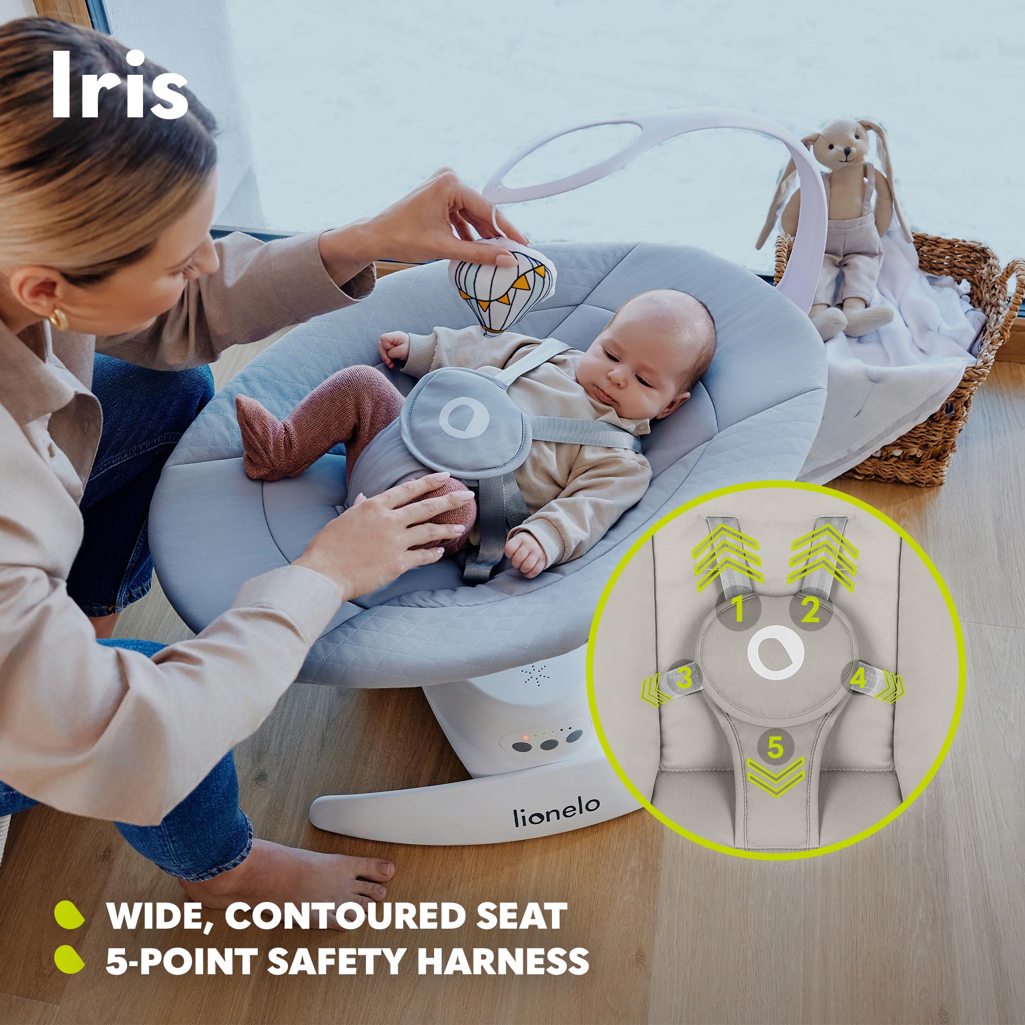 LIONELO Iris sdraietta neonati girevole su 360o per bambini fino a 9 kg Regolazione dello schienale, 5 velocità di oscillazione Cinture di sicurezza Antiscivolo, 12 Melodie Archetto con giocattolo