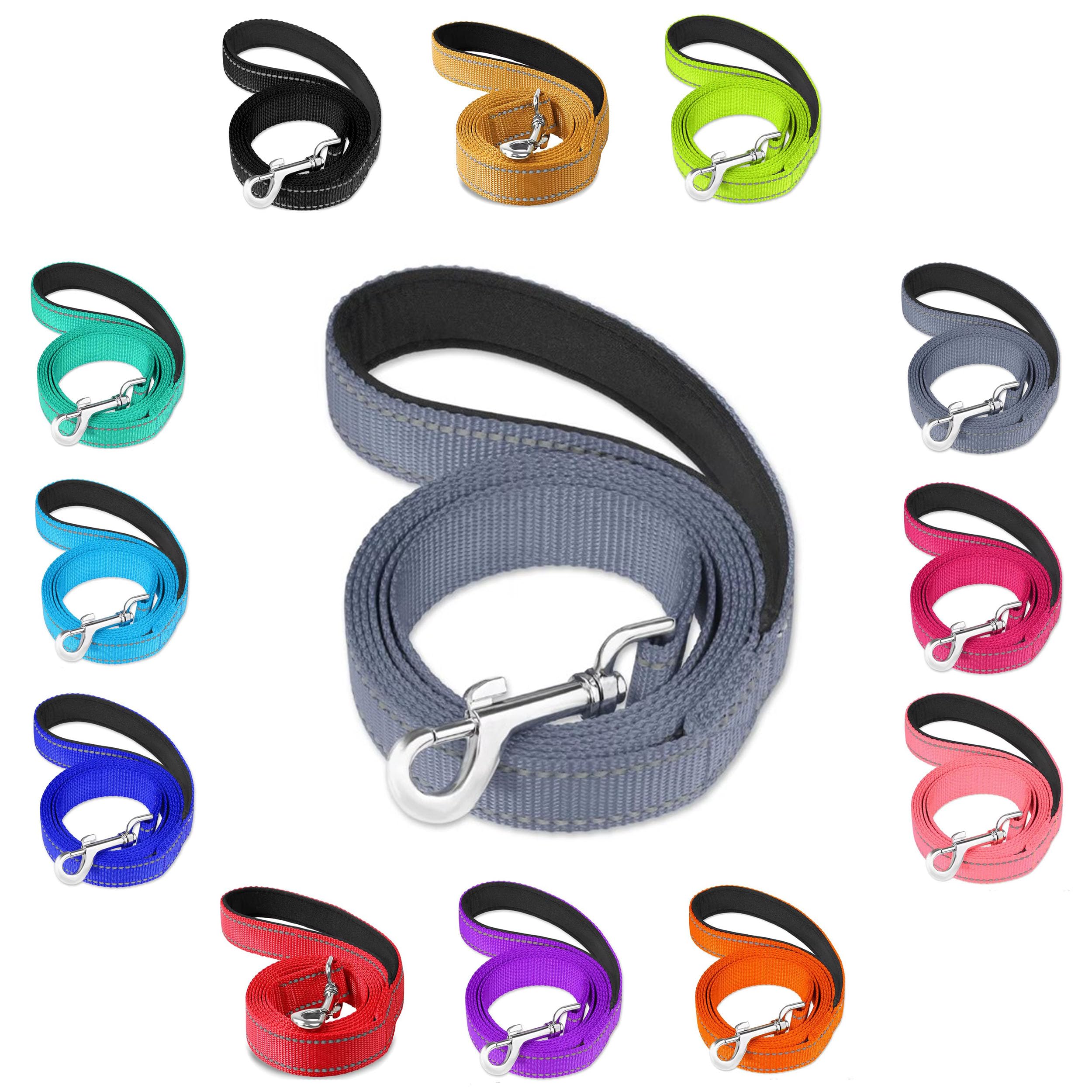 Vibrant Reflective, Padded Handle, Nylon Dog Lead - For Walking, Training Leash for Dogs (Grey, 2.5cm Wide)
