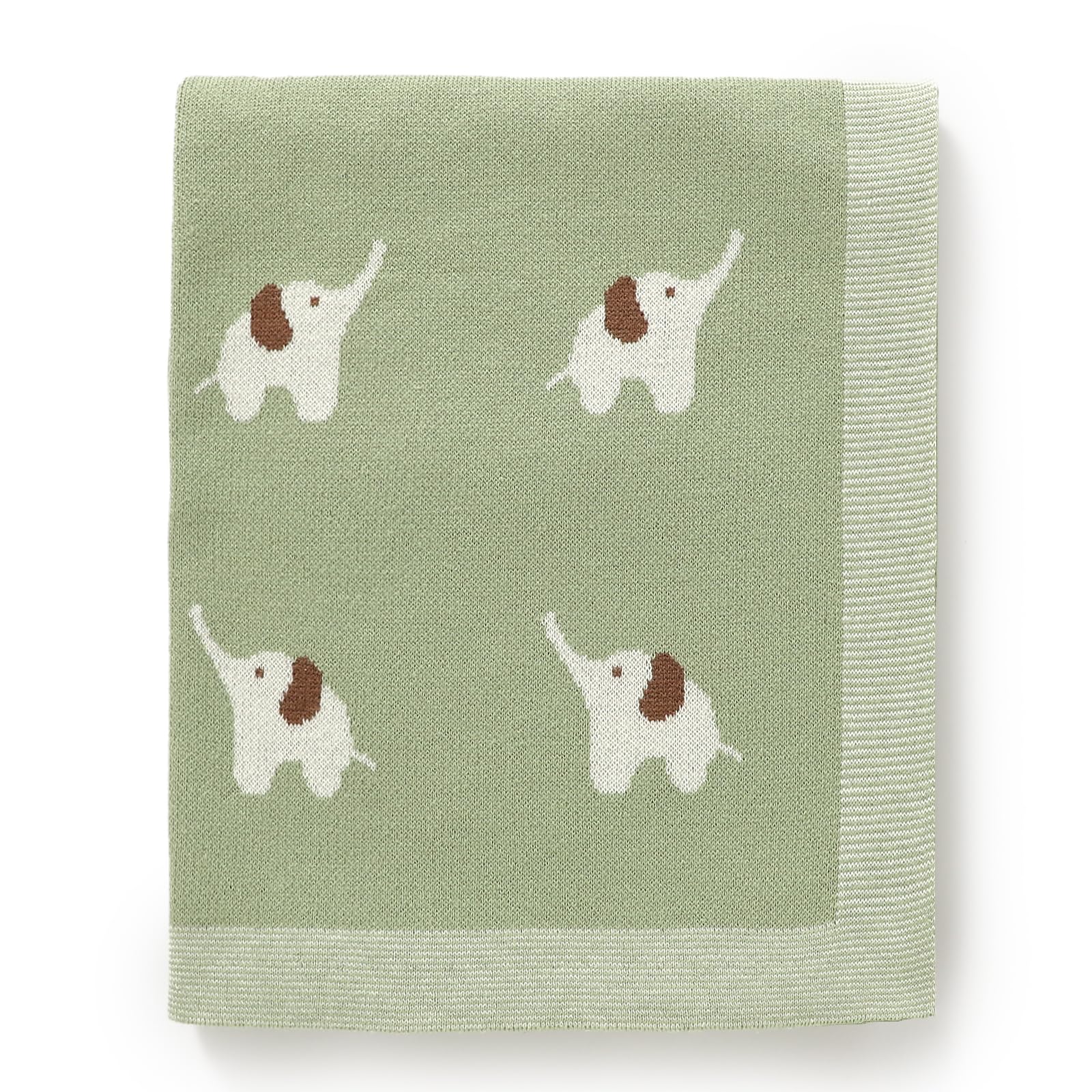 Hadetoto 100% Cotton Baby Blanket Knit Soft Cozy Swaddle Receiving Blankets Toddler Infant Blanket with Lovely Elephant for Newborn Boy Girls - Light Green, 90 x 70cm