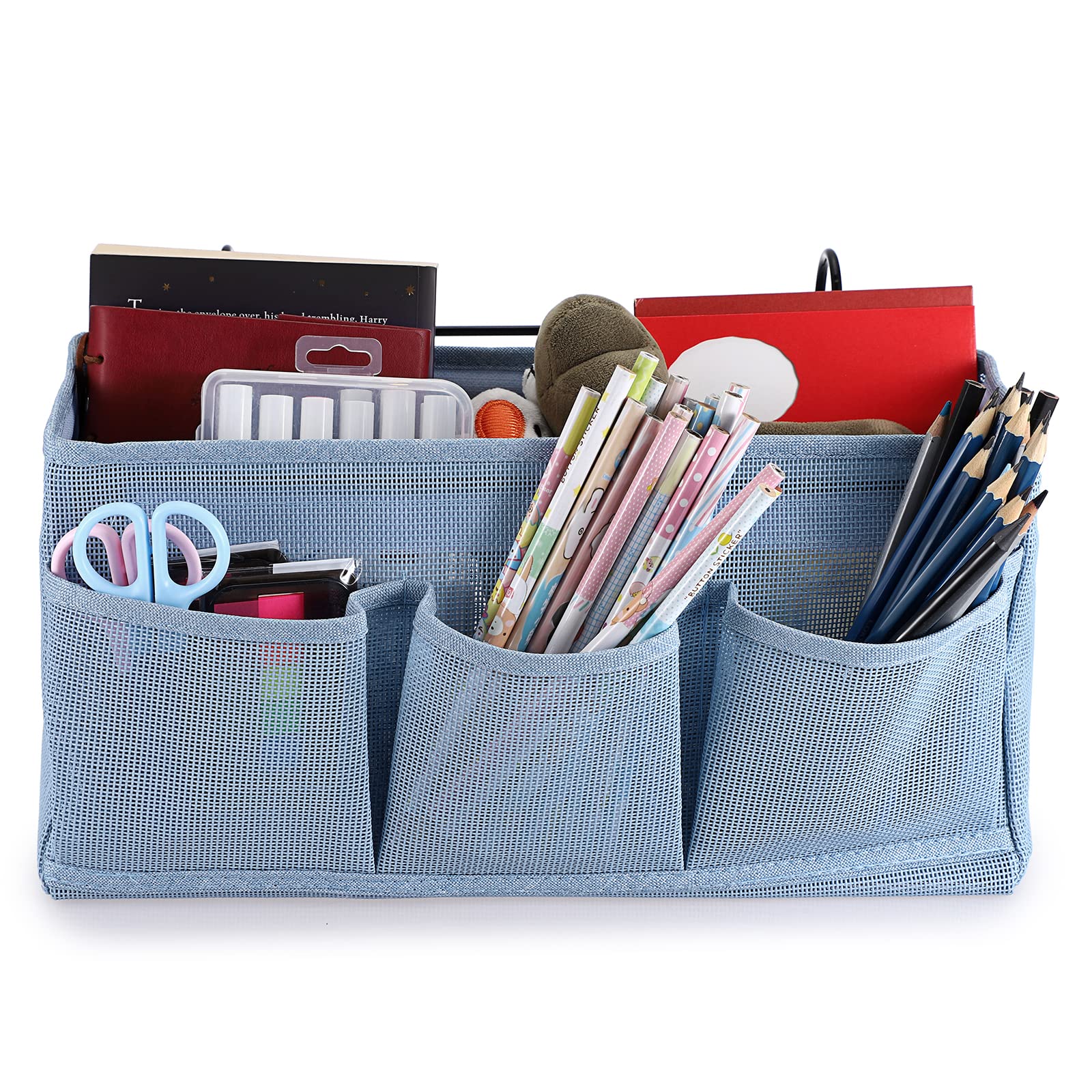 SUMTree Organisateur de chevet suspendu 4 poches sac de Rangement de chevet en filet panier de lit et crochet pour serviette, téléphone, stylos, télécommande (bleu)