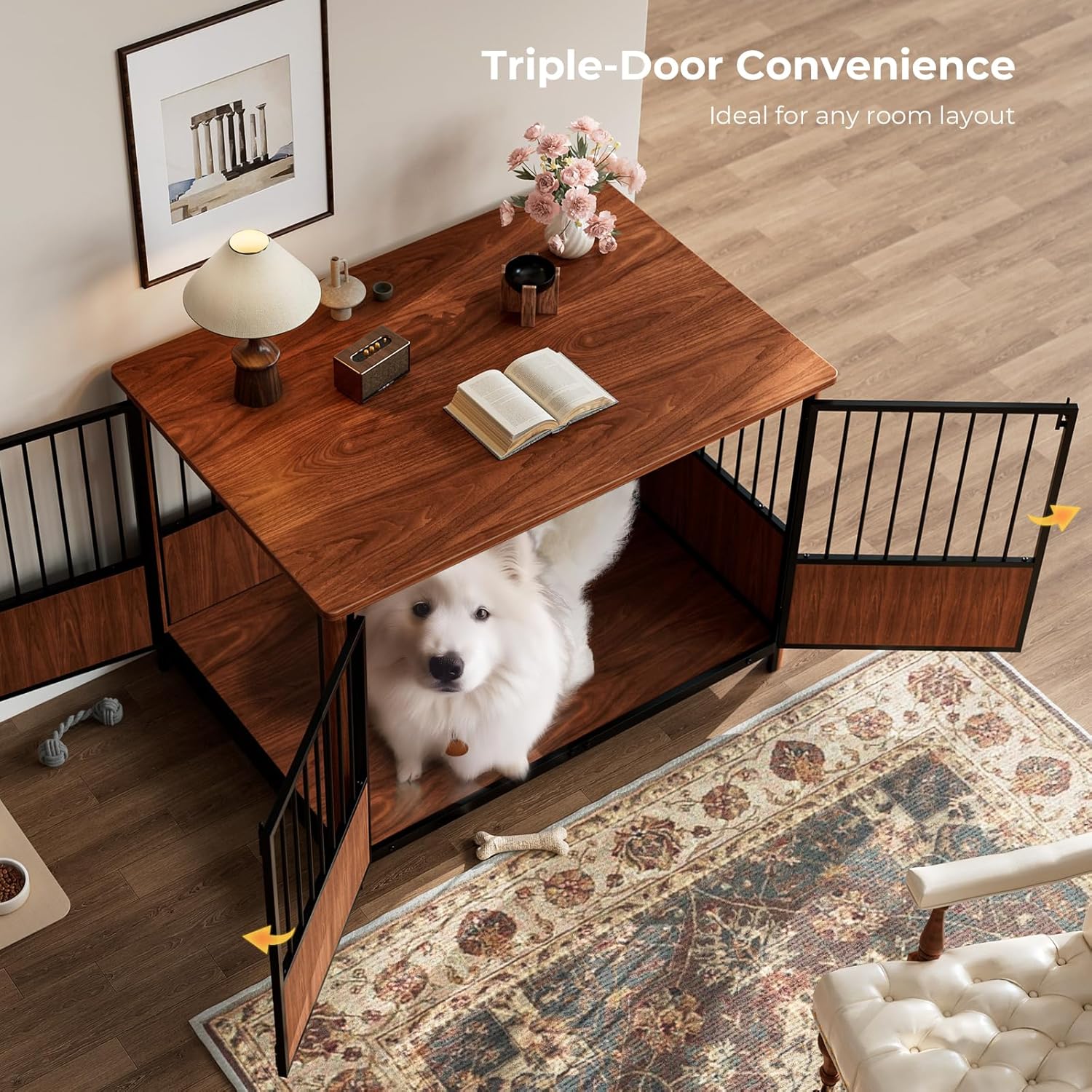 43'' XL Fluted Large Dog Crate Furniture with 3 Doors, Modern Indoor Decorative Dog Crate End Table, Wooden Dog Kennel Cage for Medium to Large Dogs, Walnut