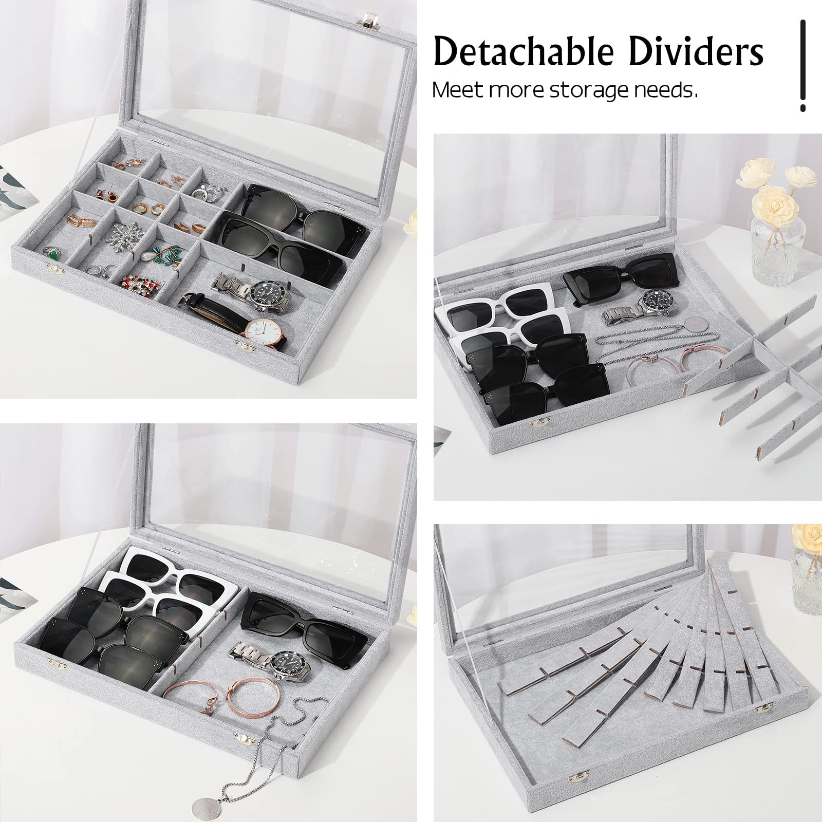 Emibele Velvet Jewelry Tray Organizer Box, 24 Grids with Clear Lid | Rings Earrings Bracelets Necklace Organizer Tray Showcase Display Jewelry Storage Case with Detachable Inner Dividers, Grey