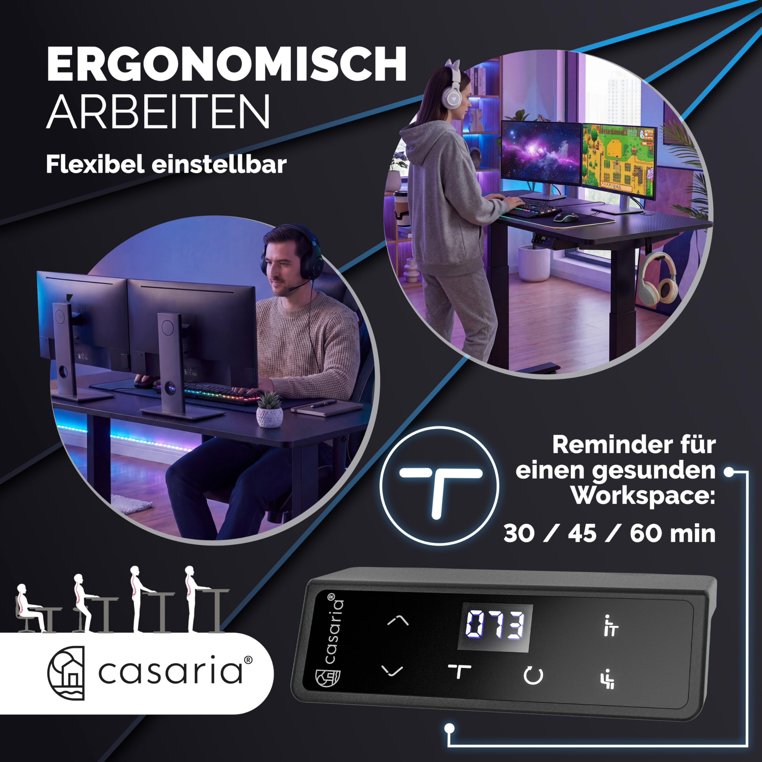 Casaria® Höhenverstellbarer Gaming Schreibtisch elektrisch 120 x 60 cm mit Wireless Charger & USB-C/A Anschluss LCD-Display Memory-Funktion 80 kg belastbar ergonomisch Gamer Carbon Optik