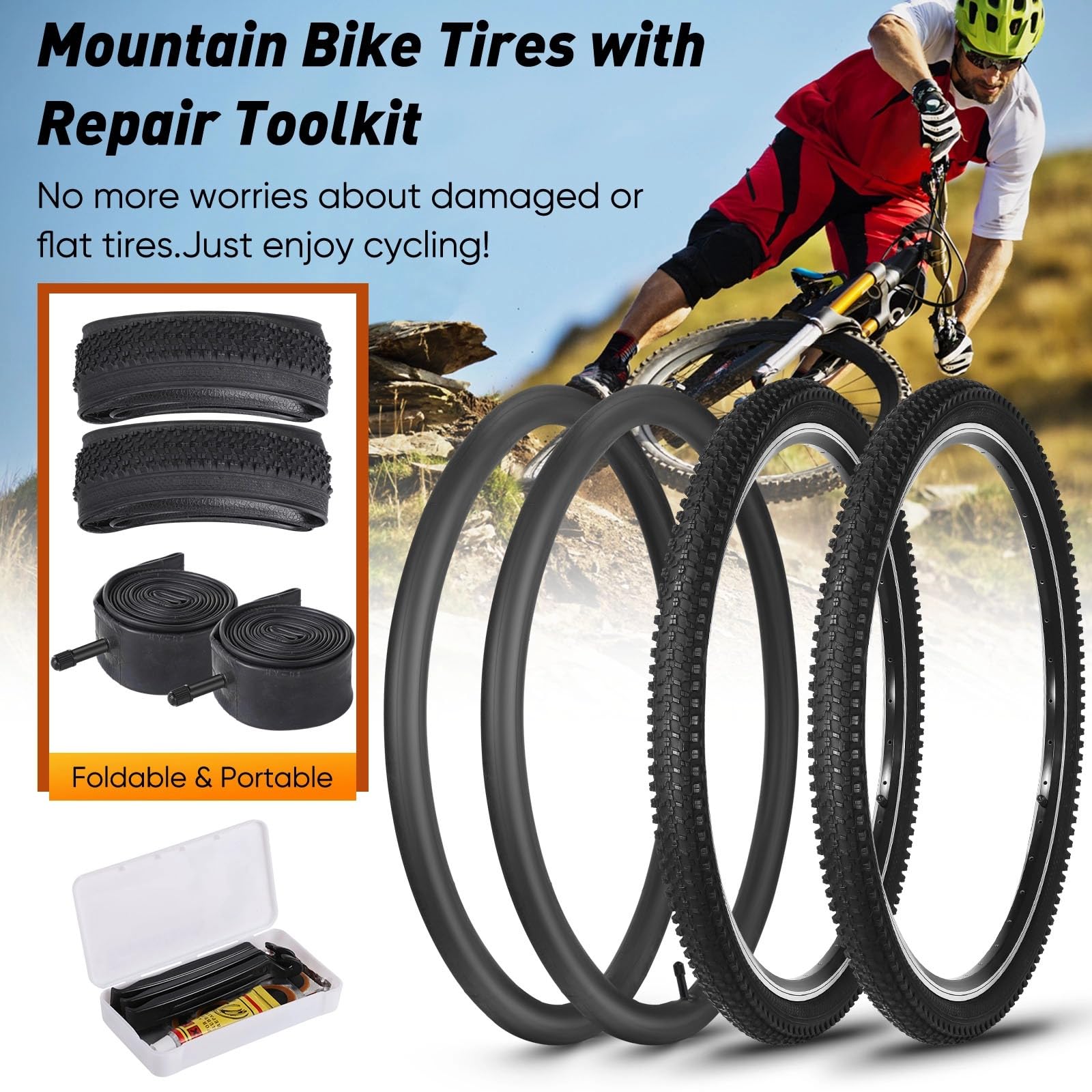24 Inch Bike Tire, 2 Pack 24x1.95 Bicycle Tire and Tube with Repair Kit, Folding Portable MTB Tires, Replaceable 24 x 1.95 Bike Tire with Inner Tubes and Levers,24 Mountain Bike Tire for City Roads