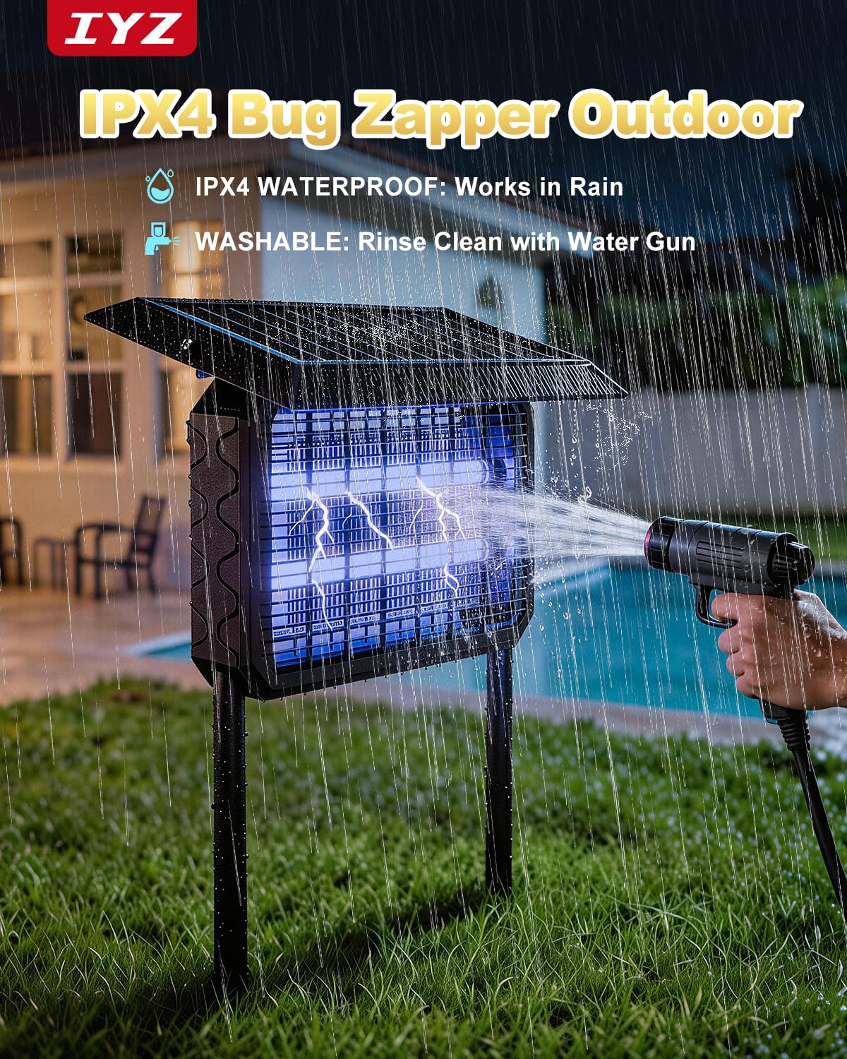 IYZ Trappola per insetti solare per esterni, impermeabile, 3 in 1, senza fili, con doppia alimentazione (solare + USB) e batteria da 6000 mAh, lampada antizanzare per cortile, patio, giardino, camper