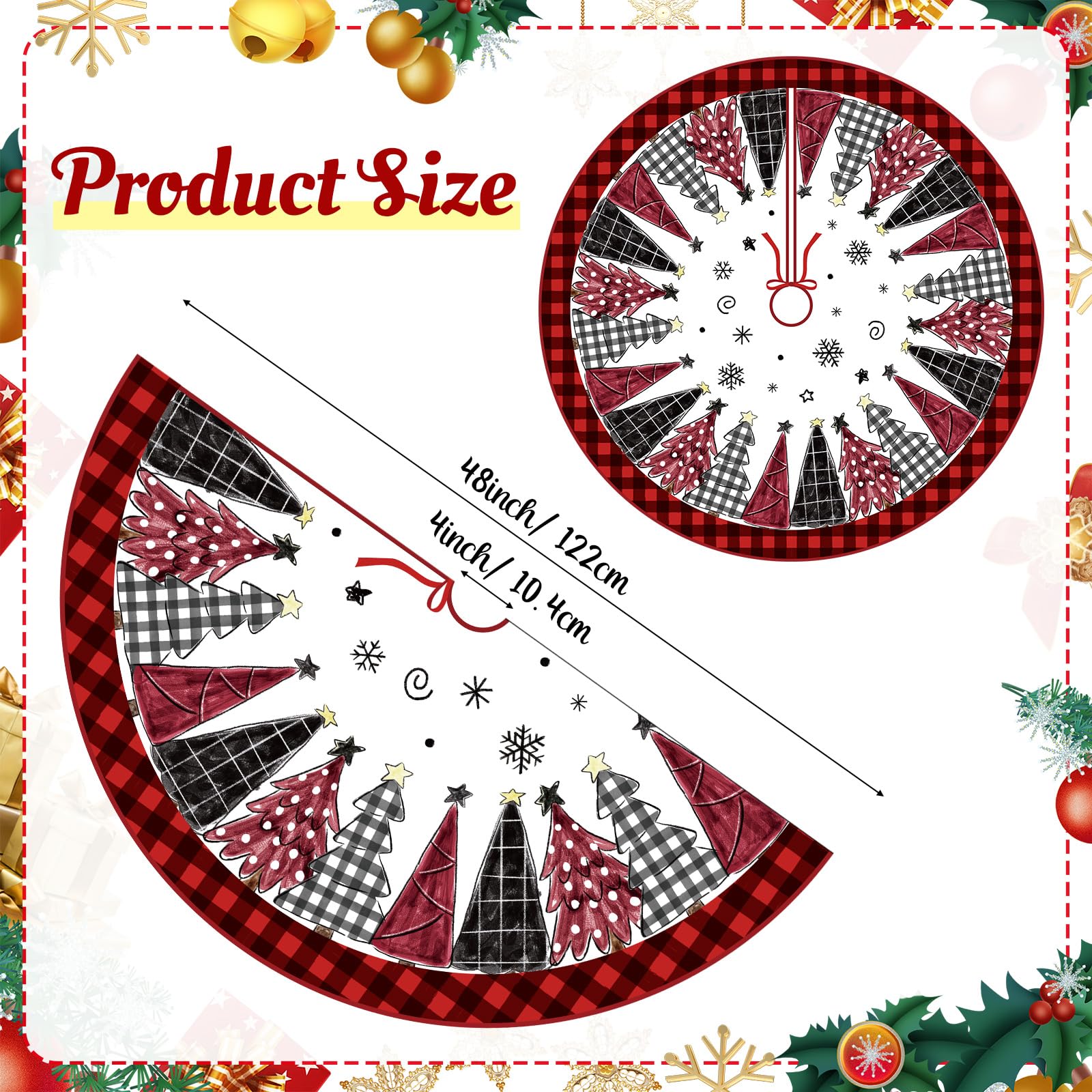 Blosssound Christmas Tree Skirt 48 Inch Red Plaid Xmas Tree Skirt Snowflakes Christmas Mat for Indoor Outdoor Xmas Winter Holiday Farmhouse New Year Party Decoration