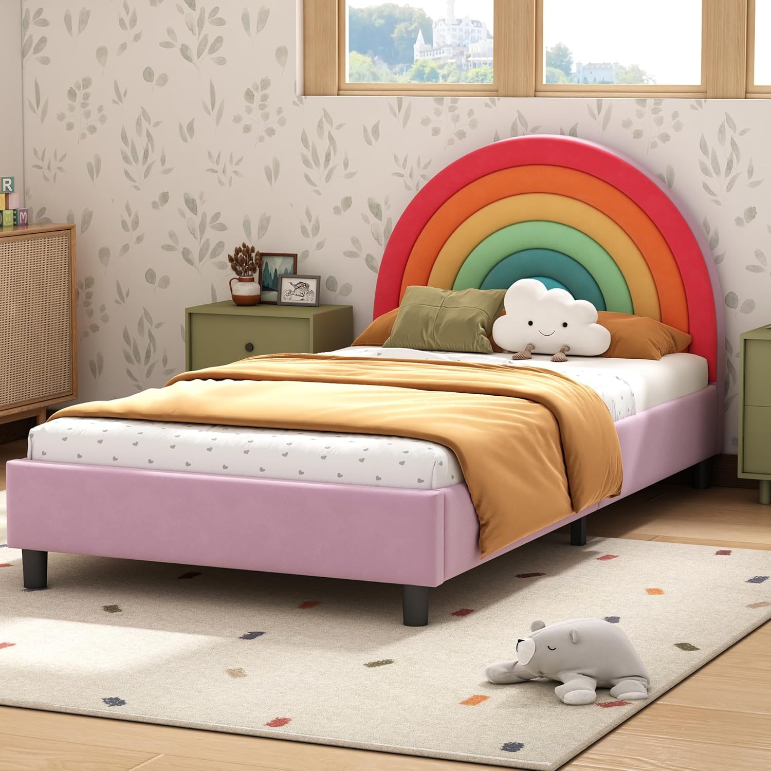 Rainbow Twin Size Bed Frame for Girls,Princess Twin Bed with Headboard,Cute Twin Girl Bed,Upholstered Twin Platform Bed for Kids,Colorful & Pink Twin Size Colorful