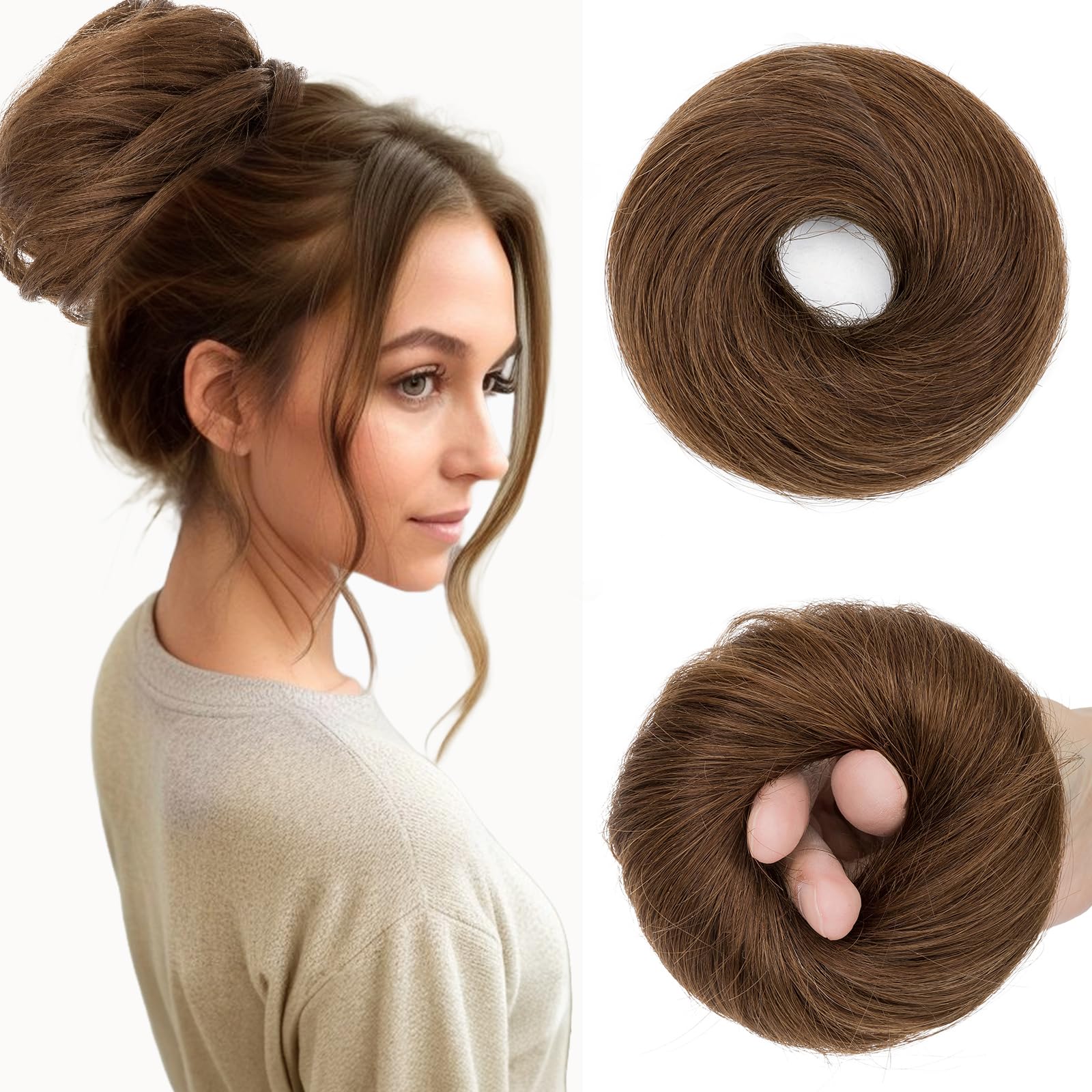 Benehair Human Hair Bun Tousled Updo Elastic Hair Bun Hairpiece for Women Donut Accessories Scrunchies Elastic Easy Scrunchie for Girls #4 Medium Brown 25g