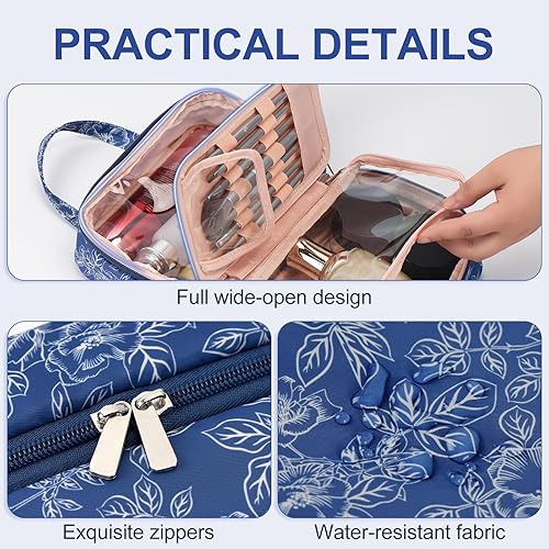 Miniatura 4 de VEXTROFORT Bolsa de maquillaje, pequeñas bolsas de cosméticos de viaje portátiles para mujeres con organizador de brochas y asa, bolsa de maquillaje