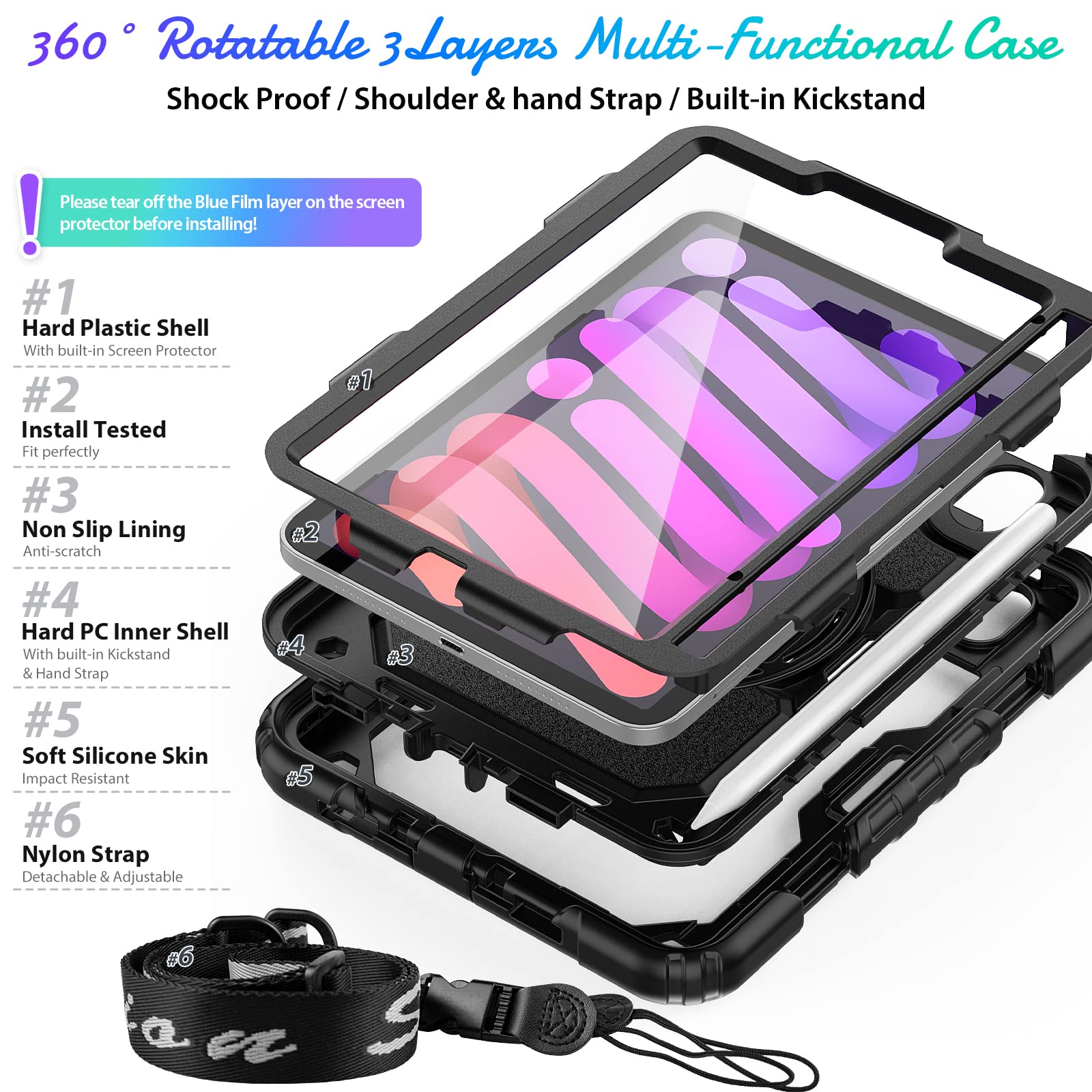 Custodia Cover iPad Mini 6 (8.3 Pollici 2021), Resistente agli urti Protettiva Cover Antiurto con Supporto Rotante 360°/Cinturino da Polso/Tracolla Regolabile e Portamatite