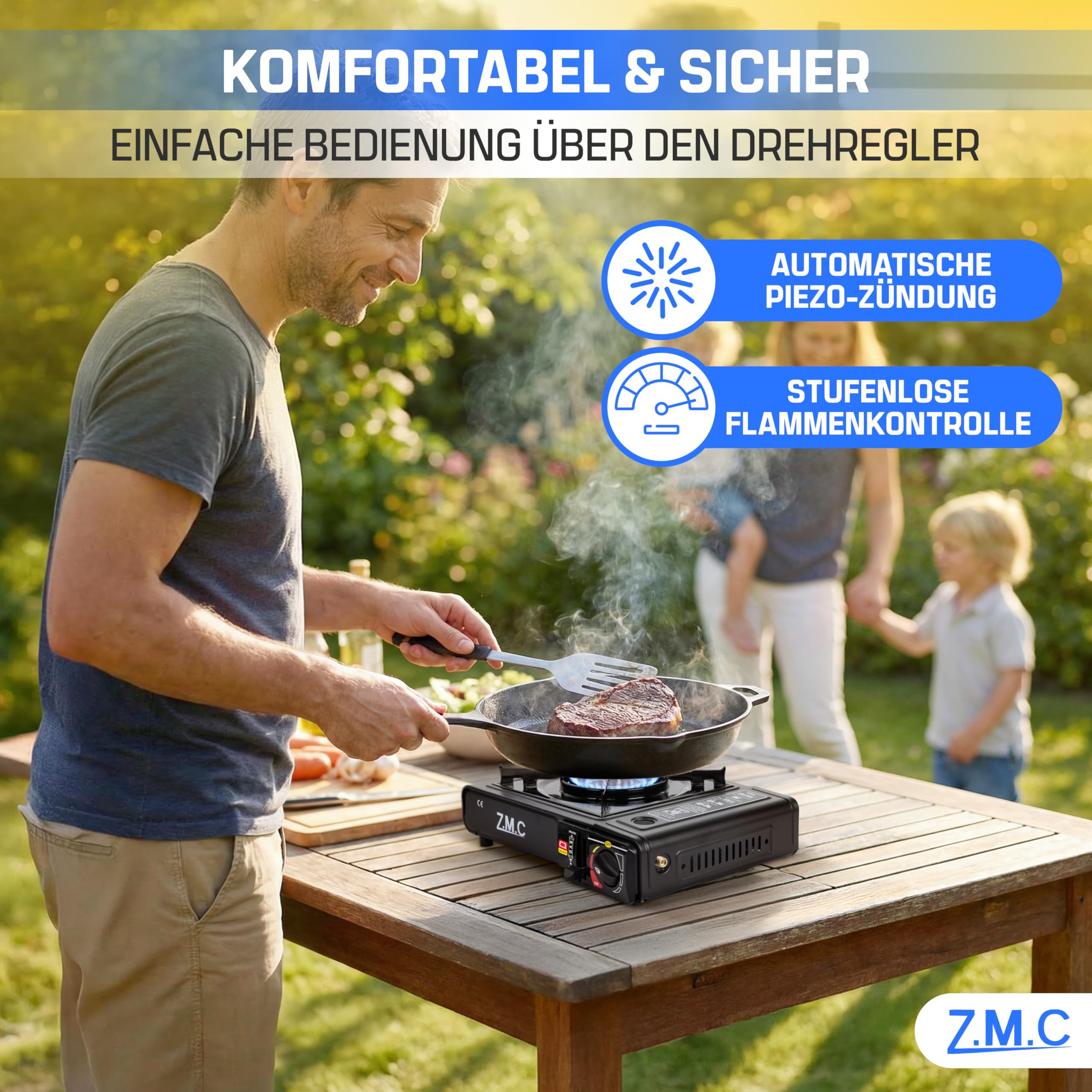 Z.M.C Gaskocher 1-flammig 2,2 kW | Campingkocher mit Piezo-Zündung, Transportkoffer & LPG-Adapter | Optional mit Gaskartuschen 227g & Grillplatte | für Camping, Outdoor & Notfall