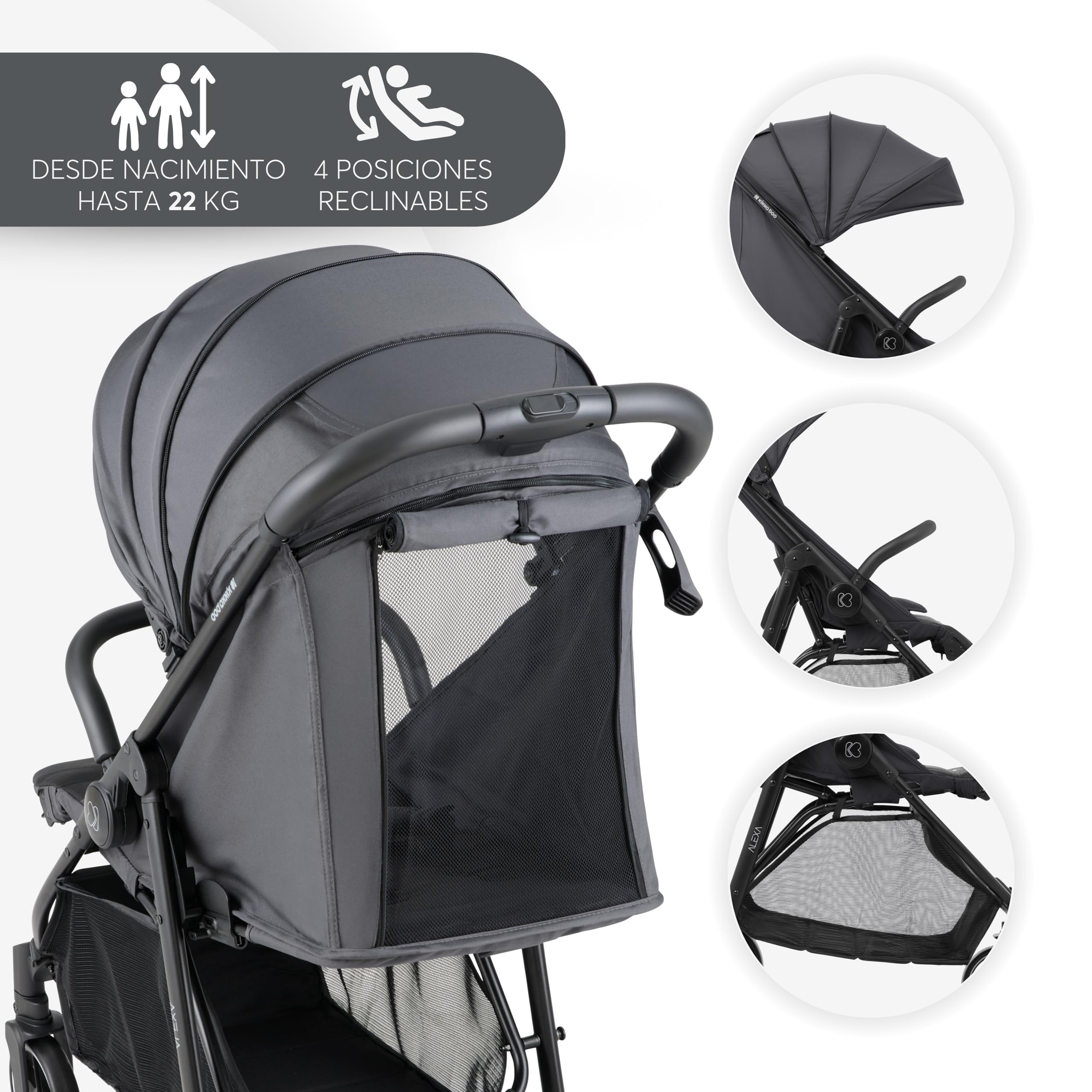 KikkaBoo ALEXA Silla de Paseo Ligera desde Nacimiento hasta 22 kg, Plegado con una Mano, Respaldo Reclinable con Posición Tumbada, Suspensión en Todas las Ruedas, Reposapiés Ajustable, Gris Oscuro