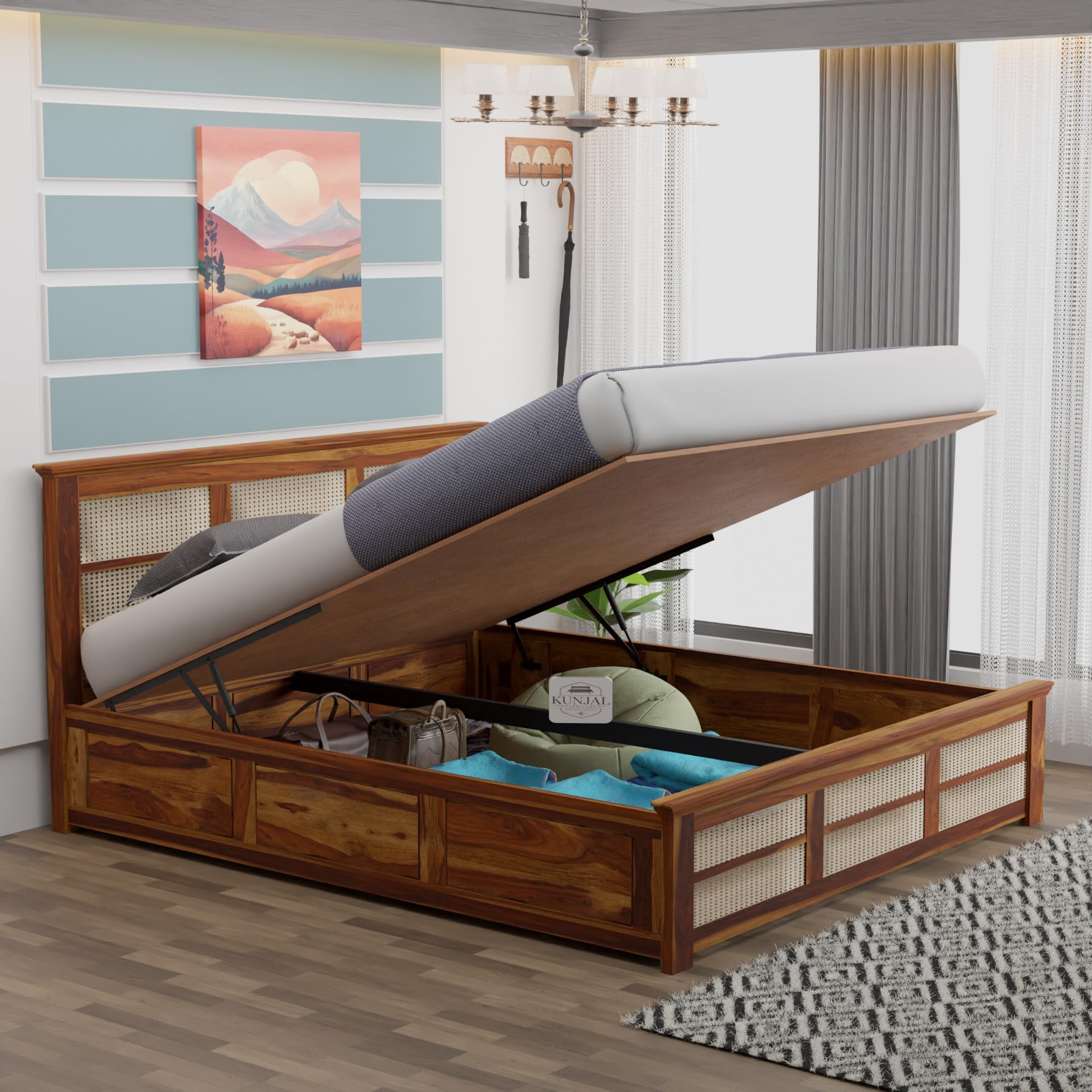Kunjal Furniture Solid Sheesham Wood Maharaja King Size Bed Hydraulic Storage Wooden Double Bed Palang for Bedroom Home-Perfect for Living Room (Cane, King)-image-10
