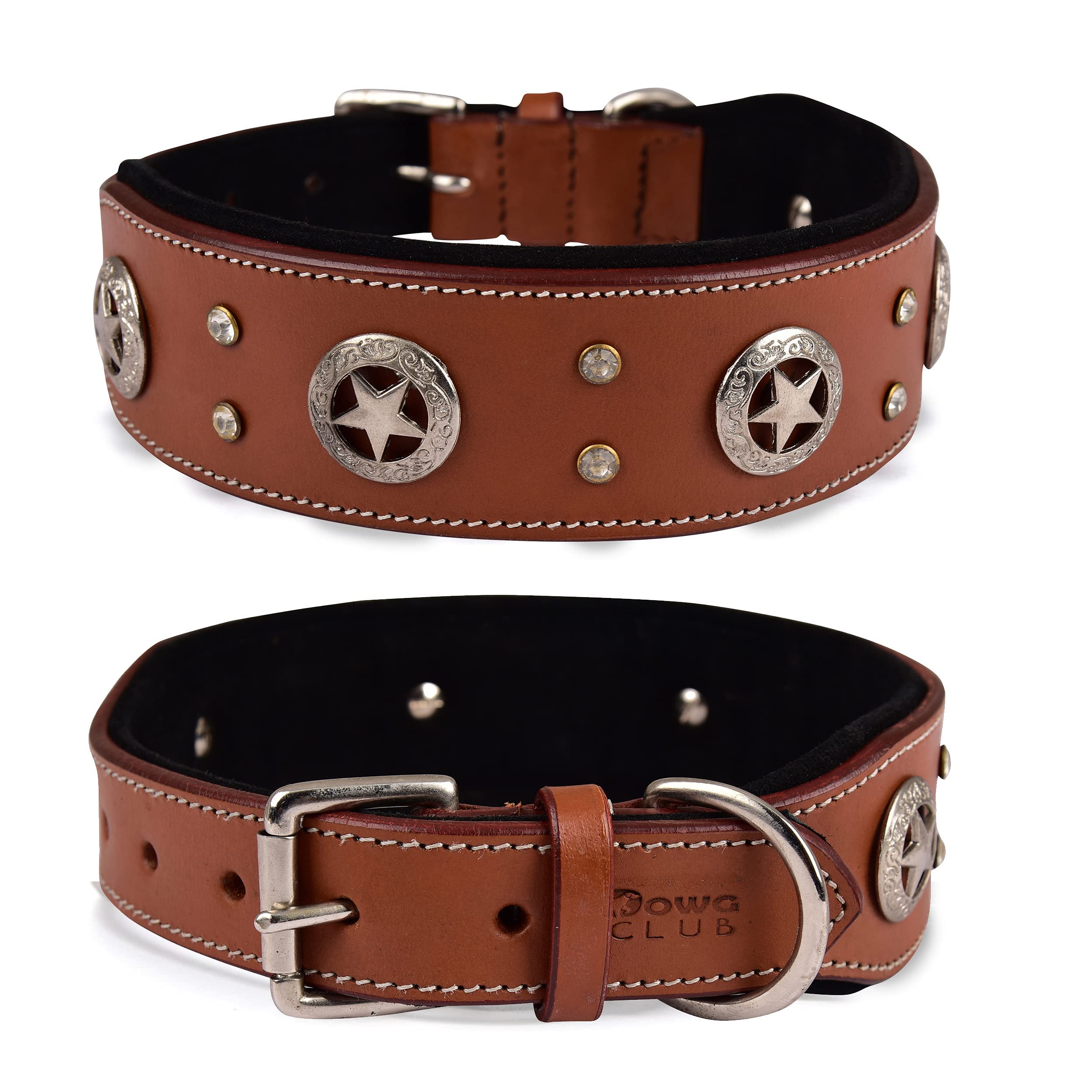 DowgClub | Genuine Leather Spike Dog Collar | Full Grain, Heavy Duty | Padded, Comfortable, Strong, Best for Large, X-Large Breed | 2" Wide (XL (Fit Neck Size 21.5"-25.5"), Tan - Antique Copper Berry) — image 1