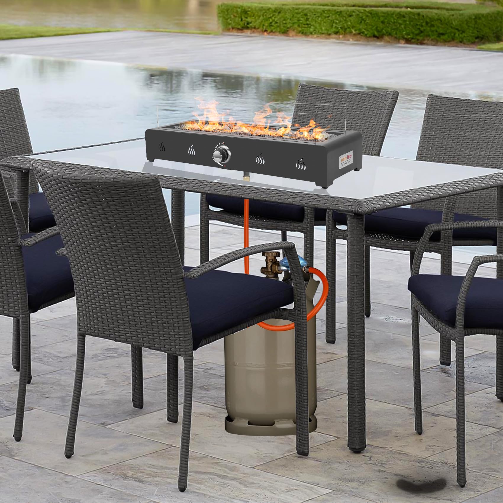 onlyfire 72cm Tisch-Gas-Feuerstelle, 6.5 kW Propan Gas Terrassenfeuer Tischkamin mit Unterer Lufteinlass, Glaswindschutz & Lavastein, Rechteckig Tischfeuerstelle Outdoor für Terrasse Garten