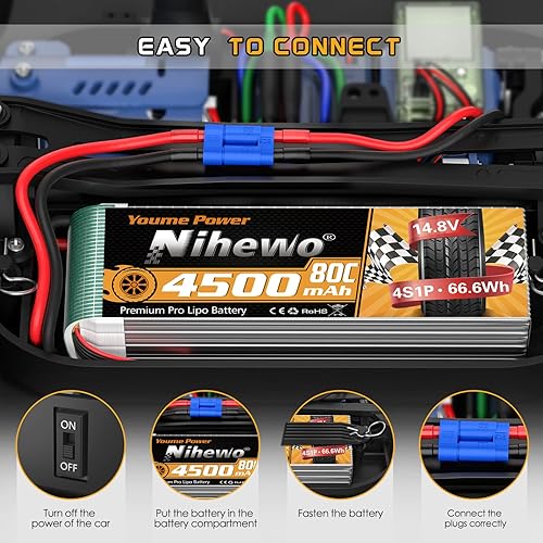 Miniatura 6 de Nihewo Paquete de 2 baterías Lipo 4s 14.8v RC batería 4500mAh 60C con enchufe EC5 compatible con Arrma Axial Losi Blade E-flite 16 18 escala RC