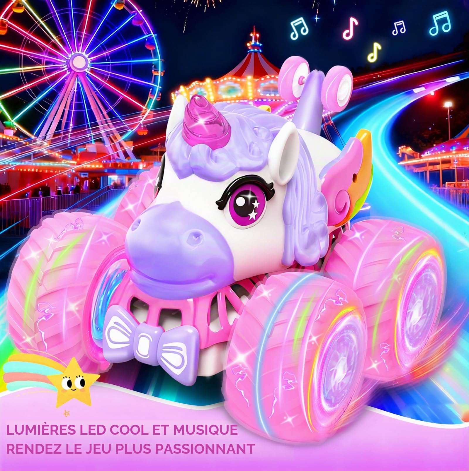 Voiture Télécommandée Licorne pour Fille, Voiture de Cascade Rotative à 360° avec LED, 2.4 GHz RC Cadeaux de Noël Originaux Anniversaire Jouet Enfant 3 Ans+ pour Intérieur et Extérieur