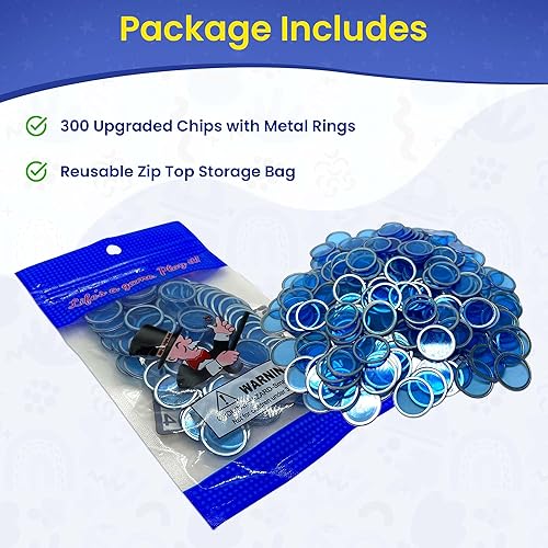 Miniatura 2 de MR CHIPS Chips de bingo magnéticos con anillo de metal de 34 pulgadas, 300 piezas mejoradas, azul transparente, disponibles en 7 colores, una bolsa