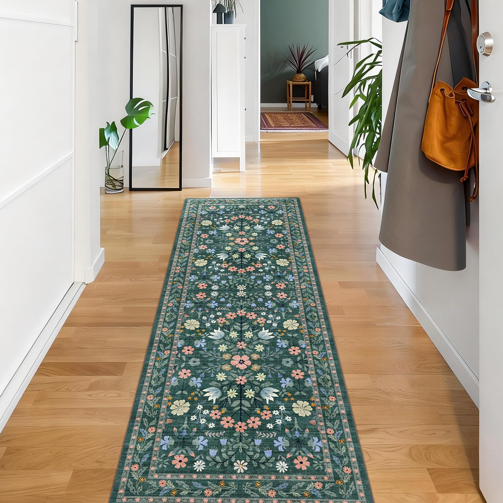 Rugs Living Room 60x180cm, Vintage Floral Rug, Washable Rug & Non-Slip Low Pile Carpet, Soft Boho Large Rugs, Garden Runner Rug for Bedroom, Kitchen, Entryway, Hallway, Dinning Room, Dark Green — image 1