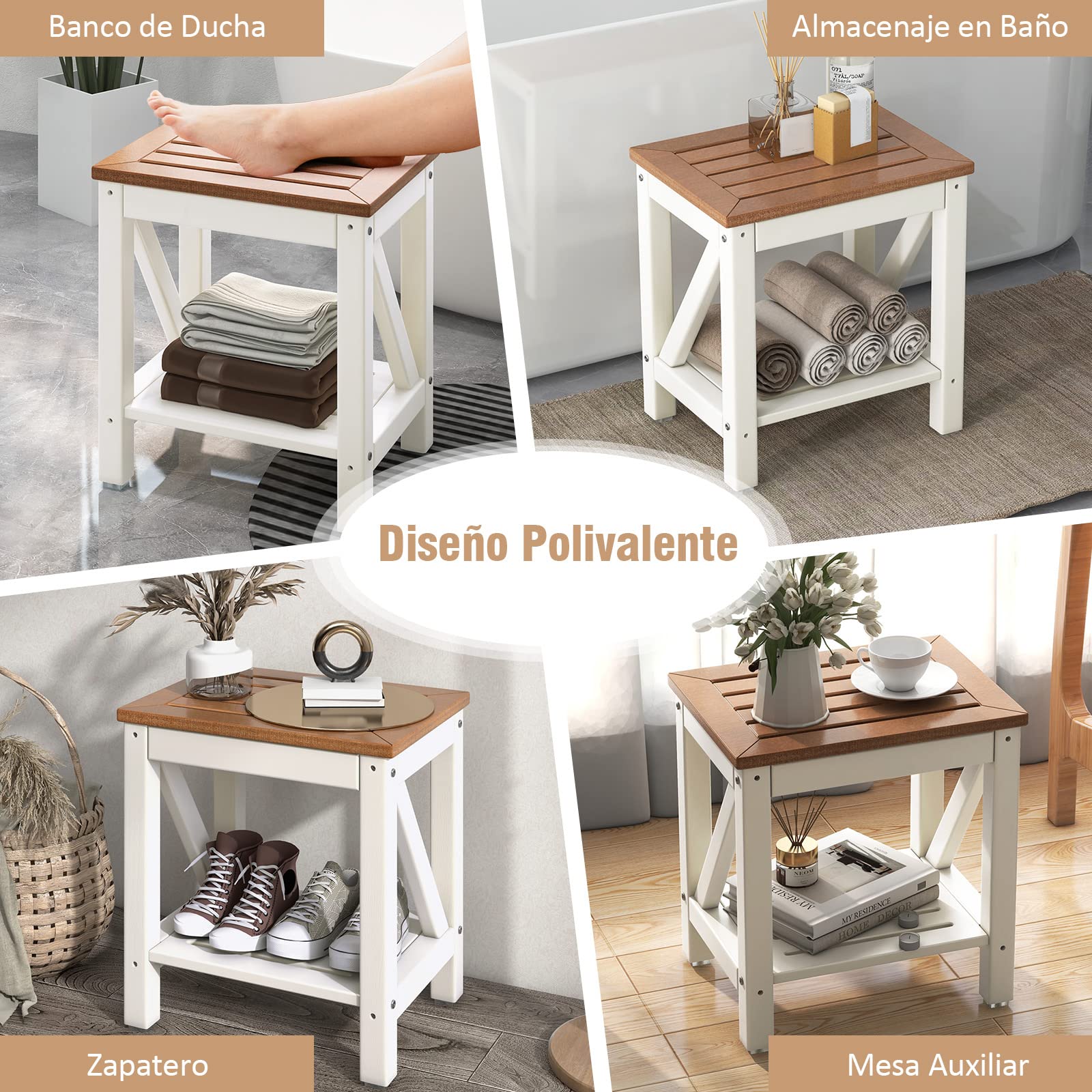 COSTWAY Taburete de Ducha de Esquina, Banco Impermeable de Baño con Estante de Almacenamiento de Madera, Asiento Bañera Adulto para Ducha para Uso en Interiores y Exteriores (Diseño 3)