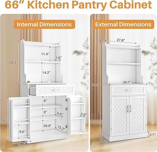Miniatura 2 de Armario de despensa de 66 pulgadas con estantes y cajón ajustables, soporte independiente para microondas con soporte para copas de vino, gabinete