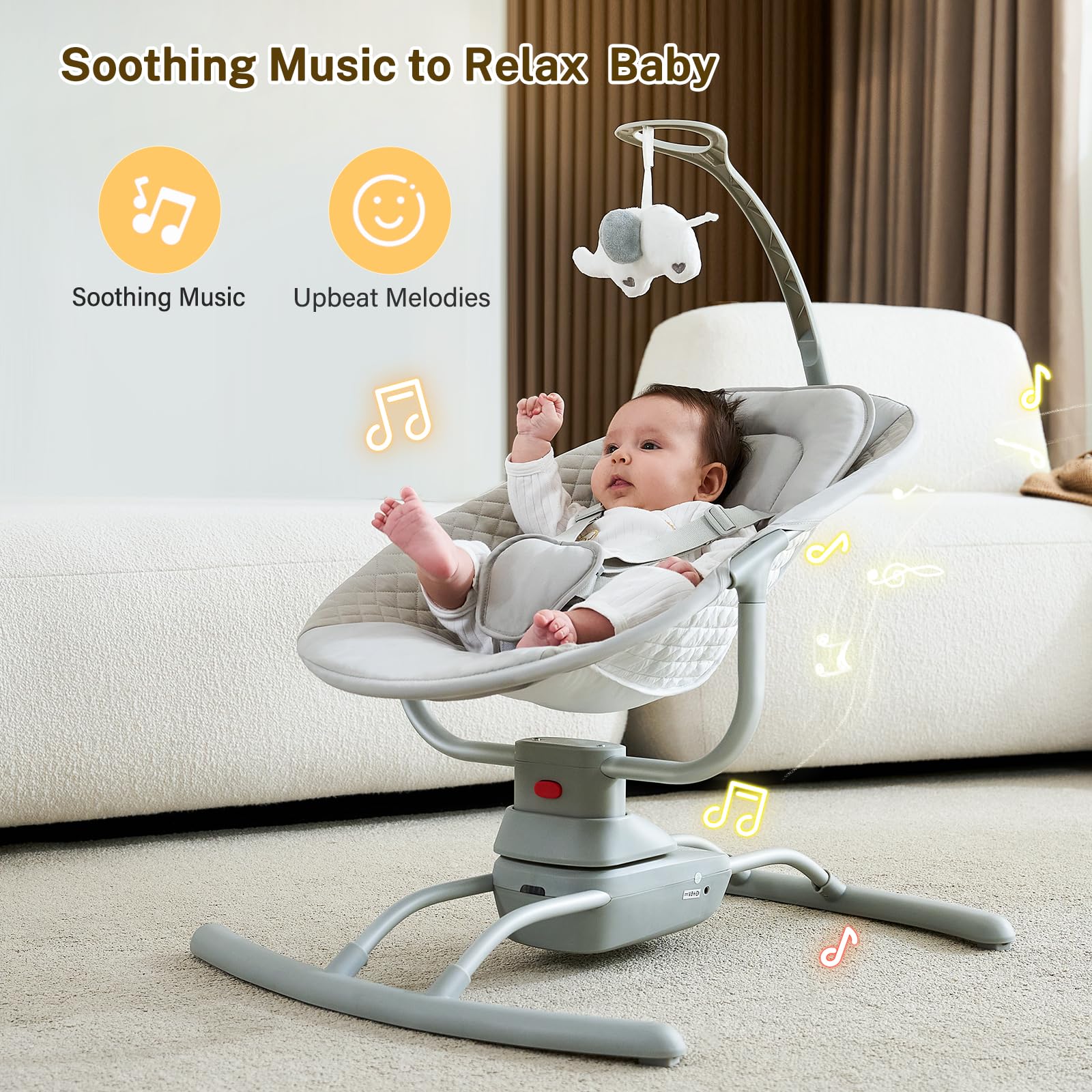 VaVaSoo Baby Swings for Infants, Electric Baby Swing 3 Speeds, Portable Automatic Rocker for Newborn 5-20lbs with Remote Control, 8 Music Soothing, AC Adapter & Battery Operated, Light Grey