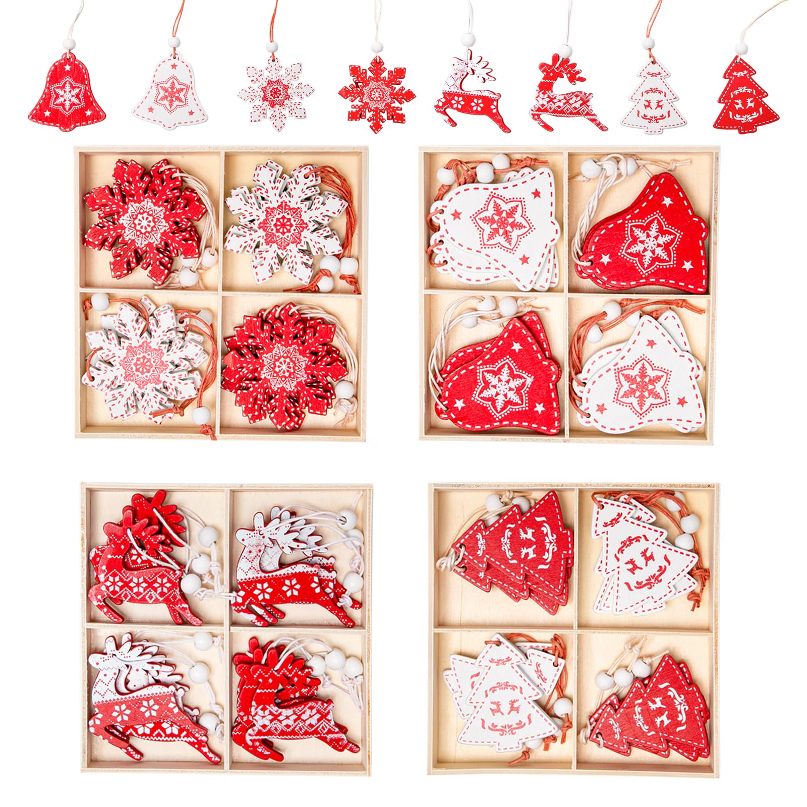 Rebanky 48 Piezas Adornos Colgantes de Navidad de Madera Colgante Navideño de Madera Rojo y Blanco Adornos Navideños de Madera Colgantes Navideños para Bricolaje, Decoración Navideña
