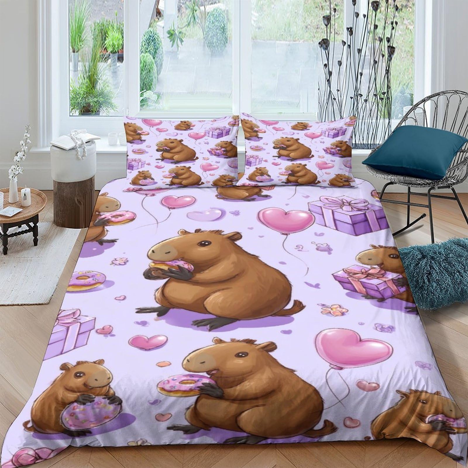 Ctjqhvkz Style-6 3D Printed Cute Capybara Hearts Fitted Sheet Microfiber Pink Animal Bed Cover Bedroom Dorm Décor Machine Washable Single（135X200cm）