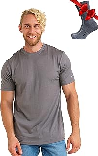 Merino Wool T Shirt Mens — 100% Organic Merino Wool Base Layer Men Undershirt Lightweight + Hiking Wool Socks