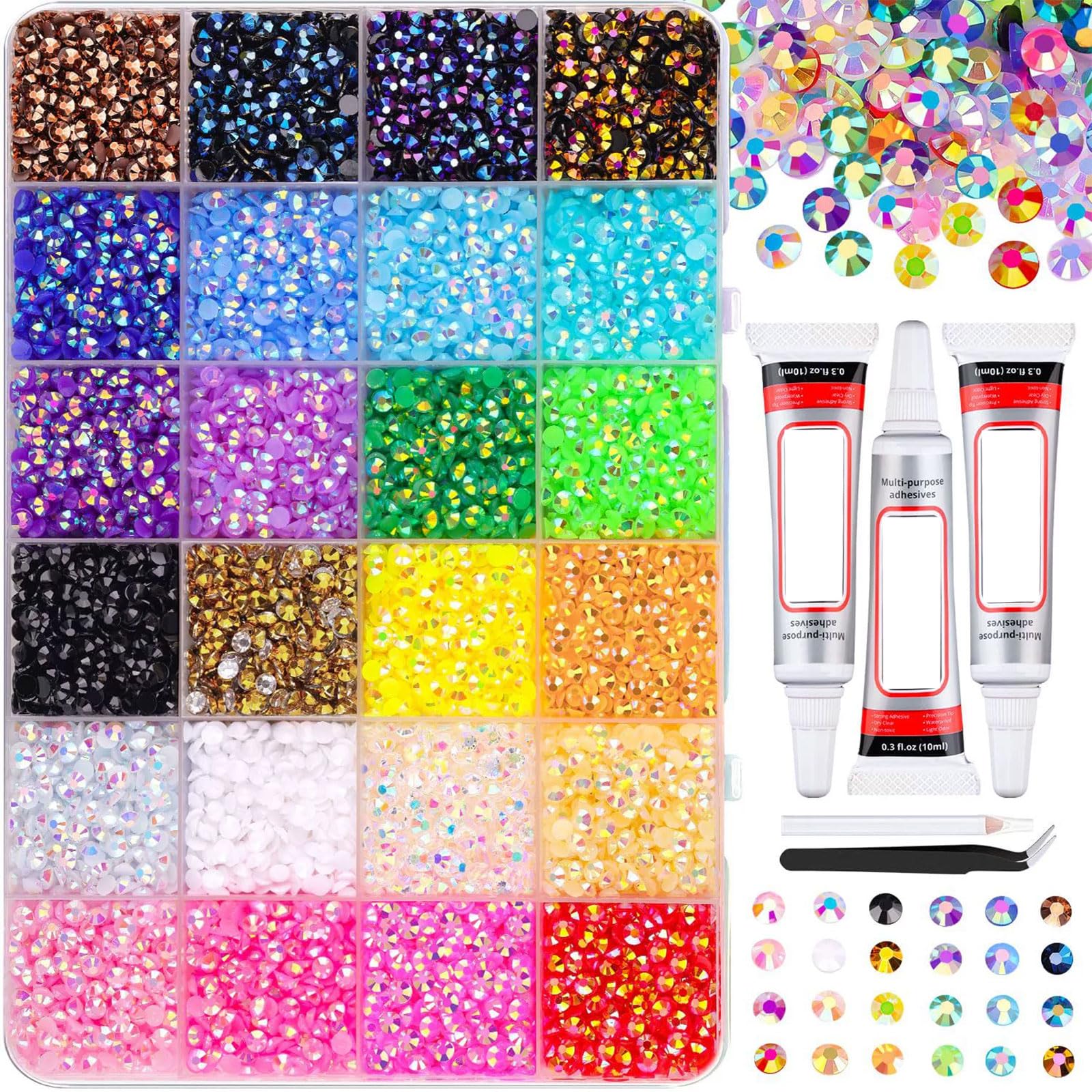 Colorful DIY Resin Rhinestone Kit for Bedazzling, 32000 PCS Resin Rhinestones Bedazzling Kit with 3 PCS 10ml Glue, Multicolor 3mm Flatback Gems for Diamond Art (24 Colour-C)