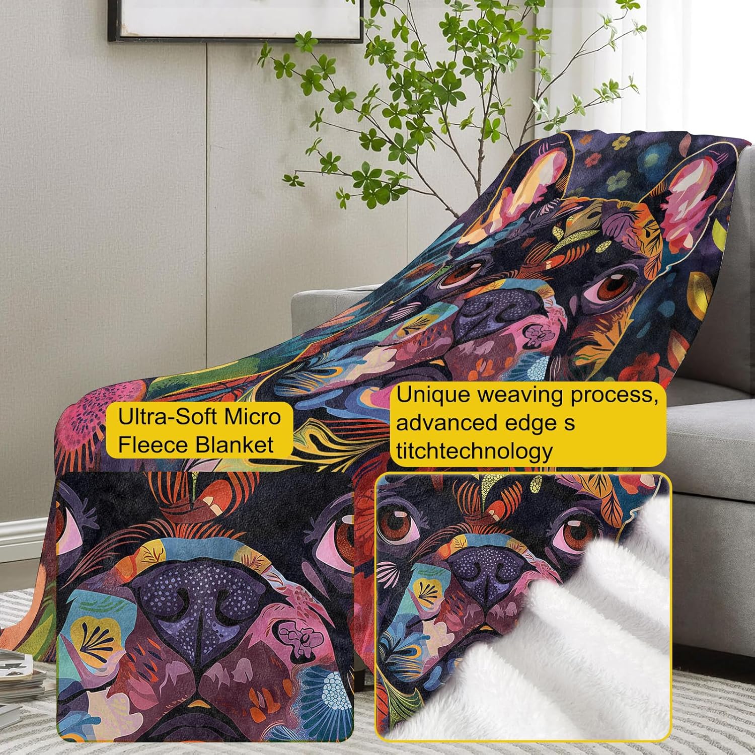 Colorful Floral French Bulldog Flannel Blanket,Artistic Flower and Pet Soft Lightweight Throw Blankets Gifts for Women Dog Lovers,50" x 60" Perfect for Couch Bed Home Travel Decor - Image 3